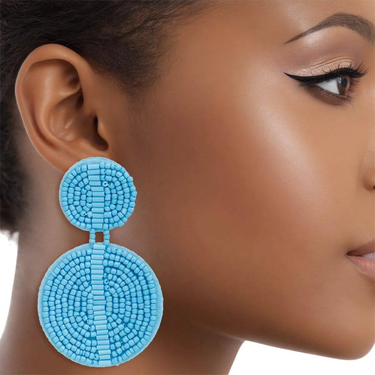 Drop Light Blue Seed Bead and Felt Circle Earrings