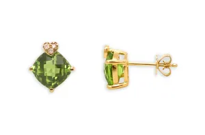 Earrings 14kt Gold Hearts Cushion Peridot & Diamonds Studs