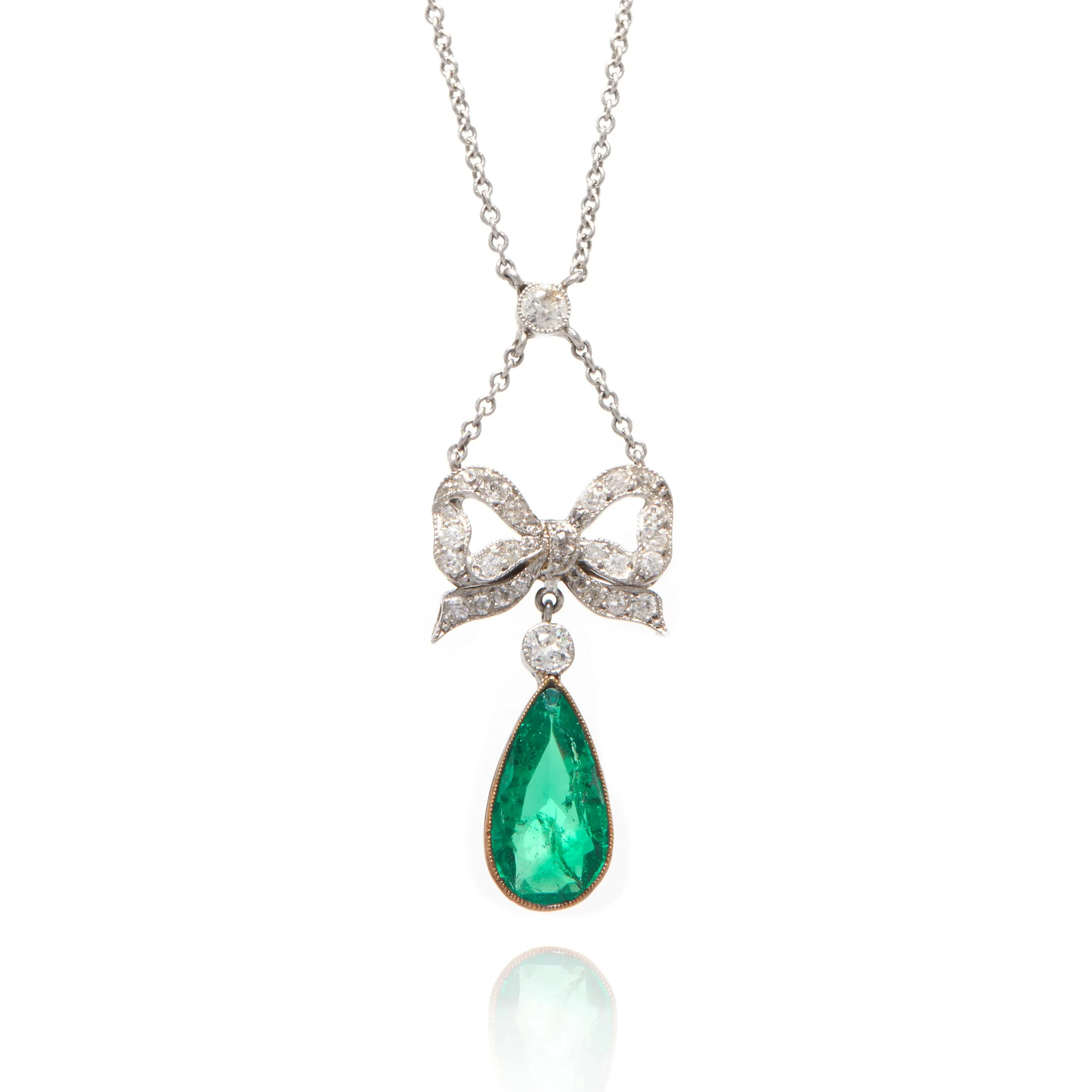 Edwardian Emerald and Diamond Bow Necklace