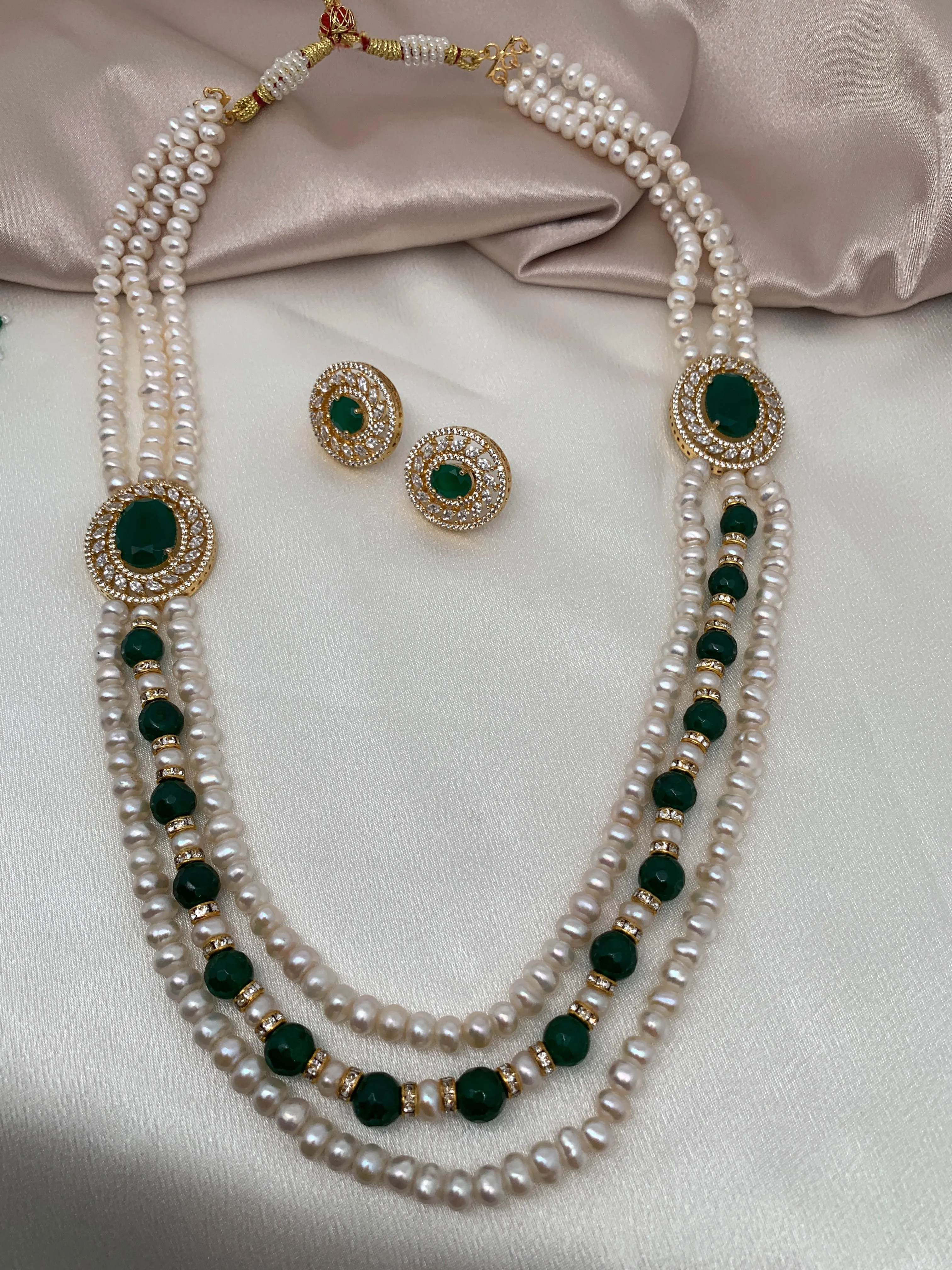 Emerald Green Side Pendent Set with Real Pearls Neckalce