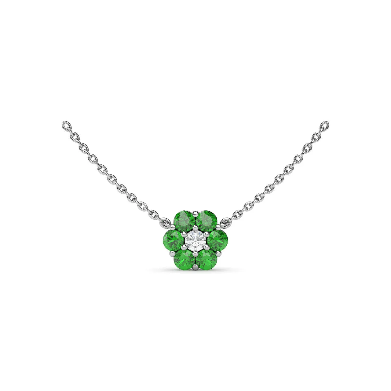 Fana 14k White Gold Magnolia Emerald and Diamond Necklace