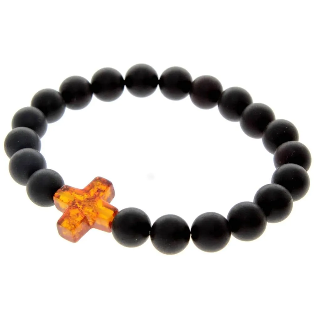Genuine Baltic Amber Elastic Bracelet for Men with Amber Cross - MB010