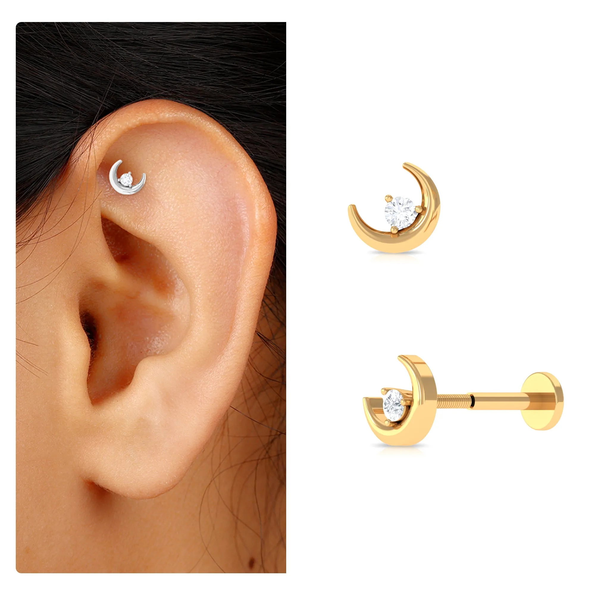 Genuine Diamond Crescent Moon Helix Earring