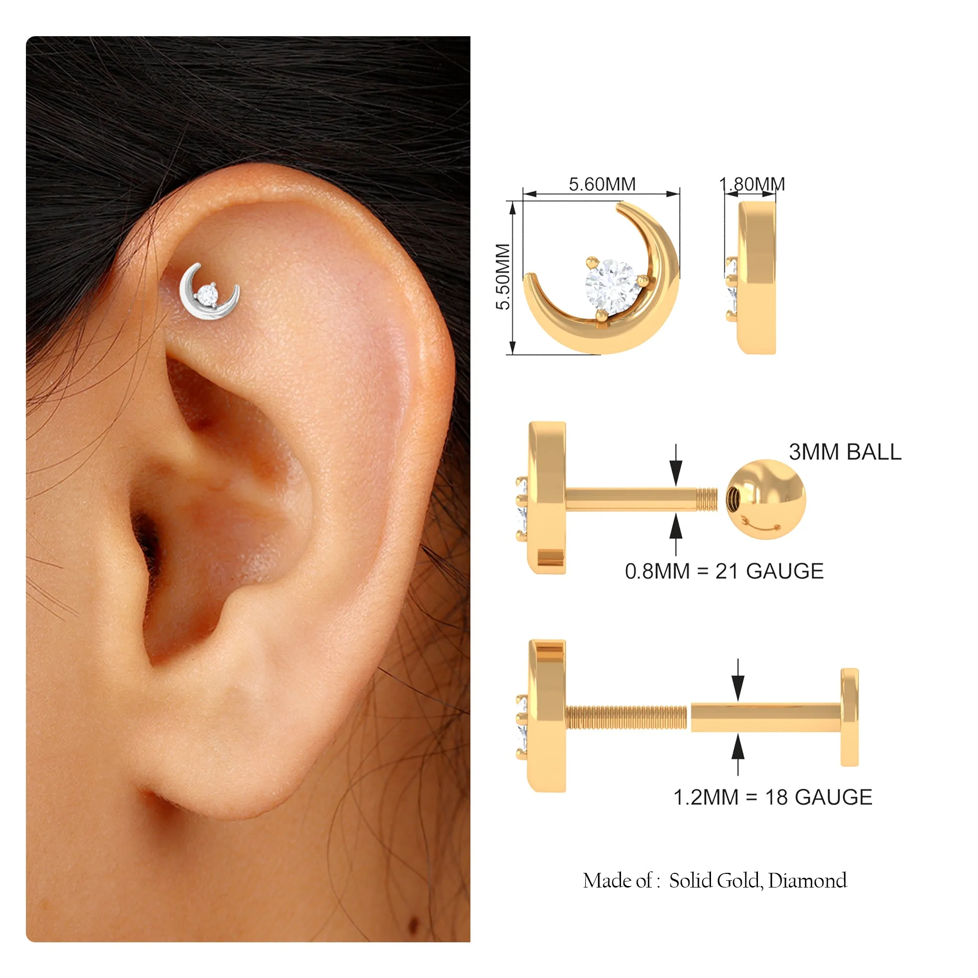 Genuine Diamond Crescent Moon Helix Earring