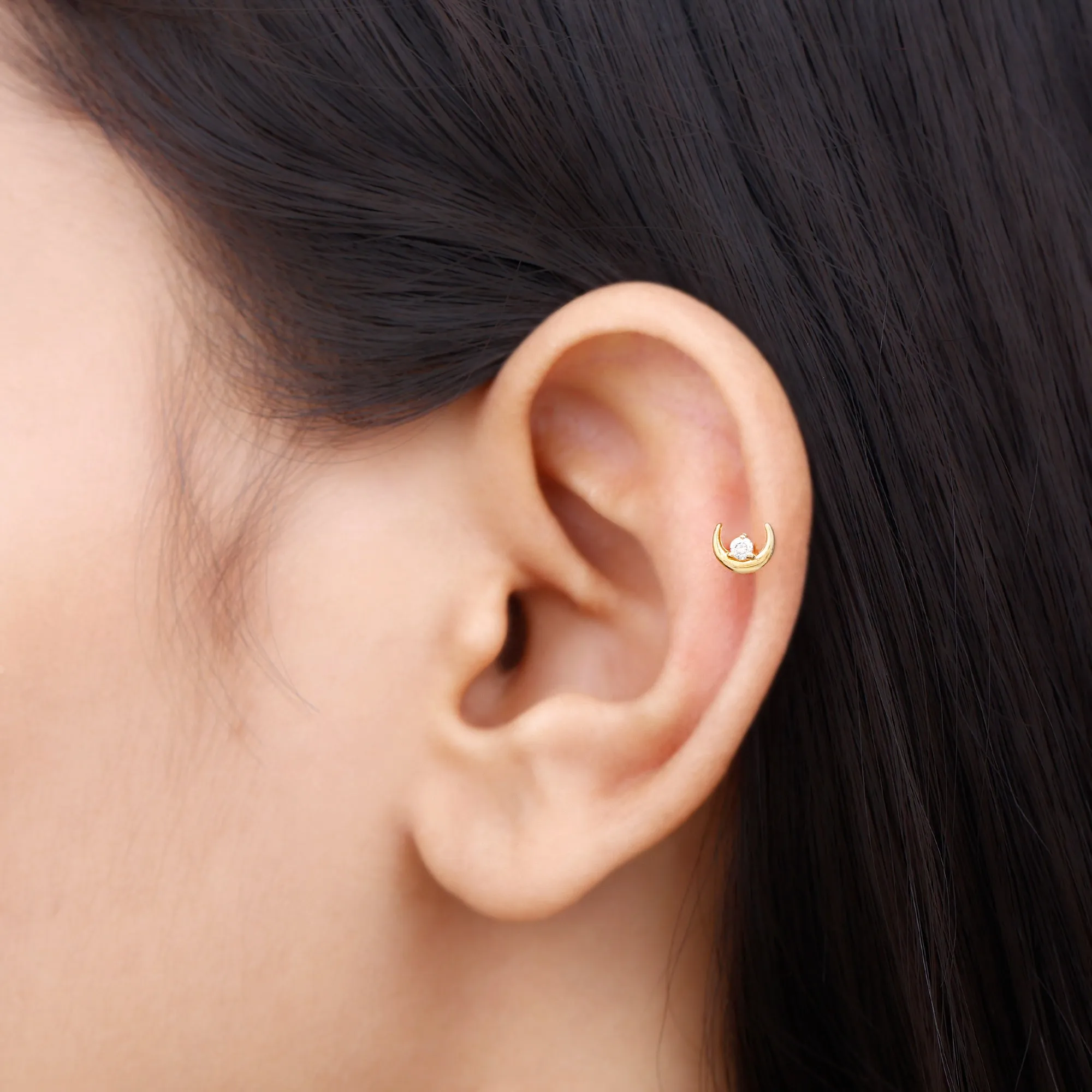 Genuine Diamond Crescent Moon Helix Earring