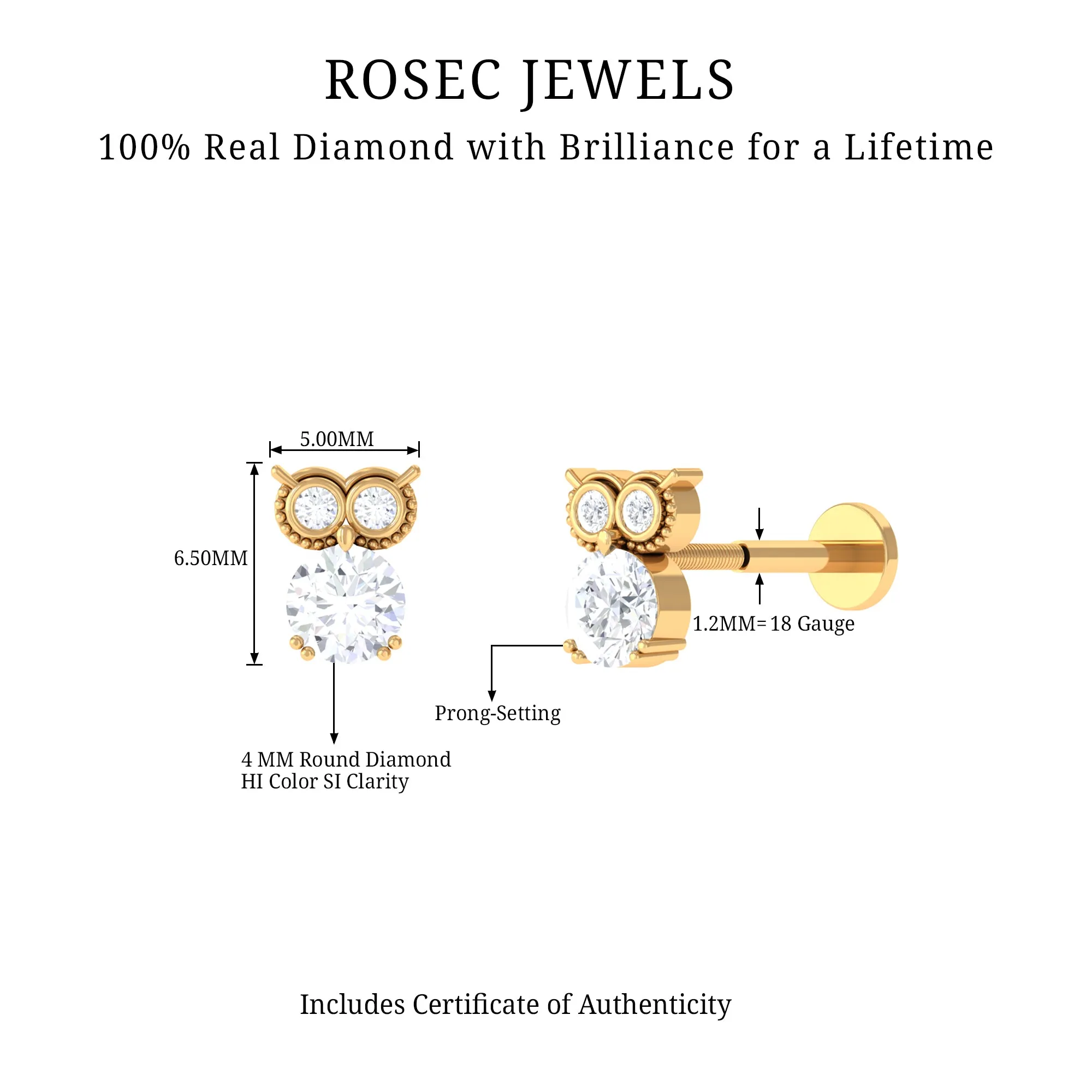 Genuine Diamond Owl Earring for Cartilage Piercing