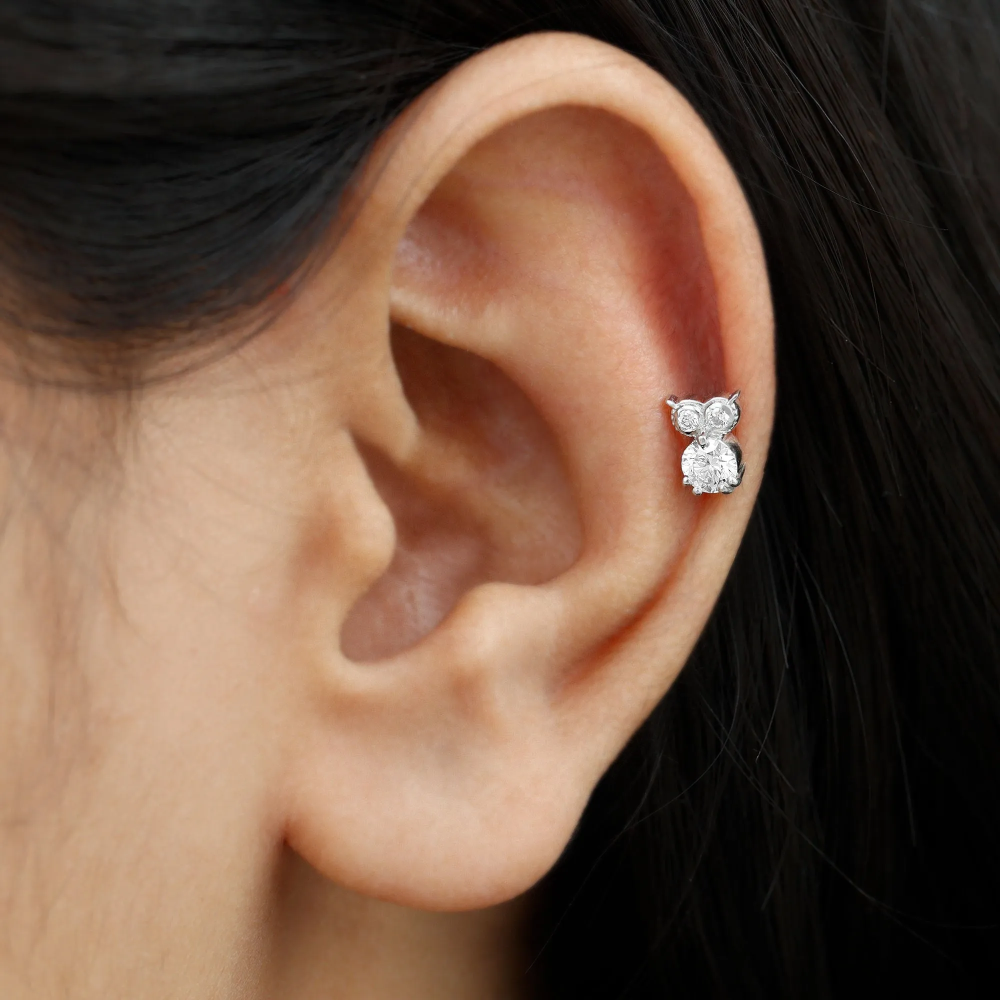 Genuine Diamond Owl Earring for Cartilage Piercing