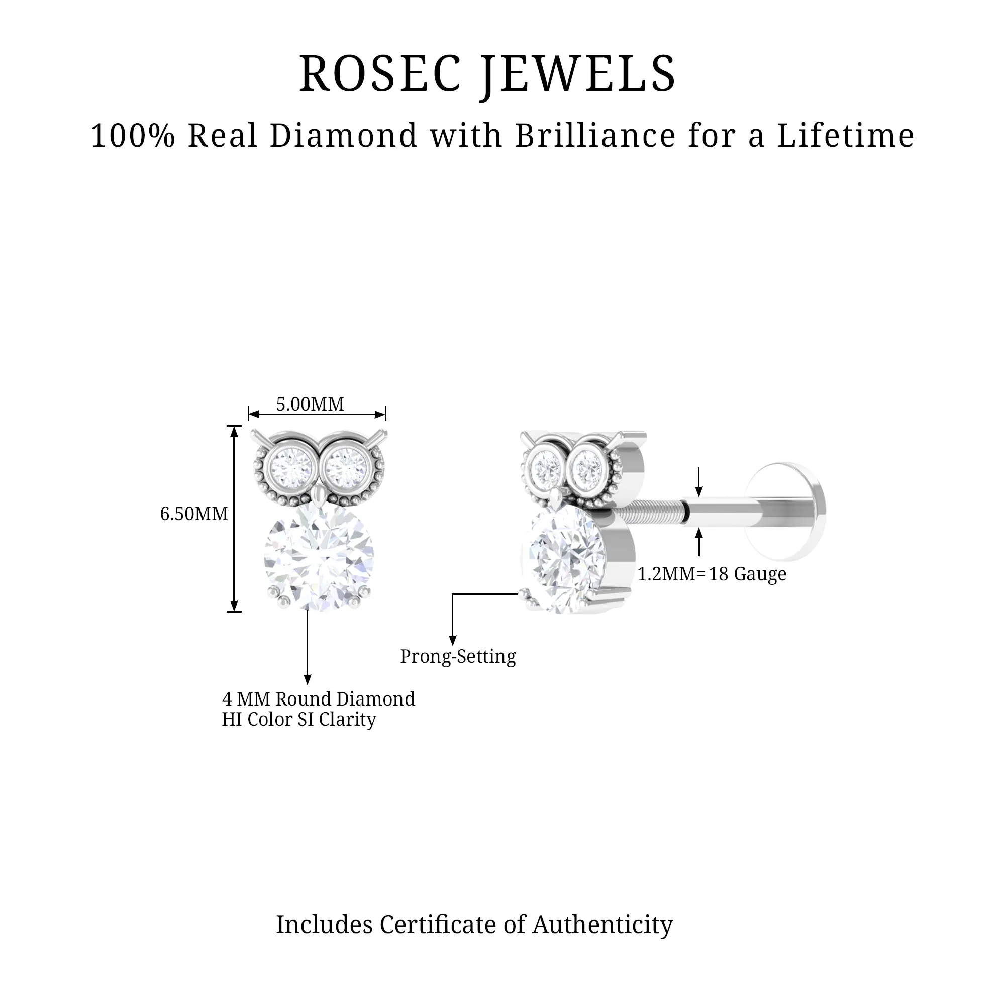 Genuine Diamond Owl Earring for Cartilage Piercing