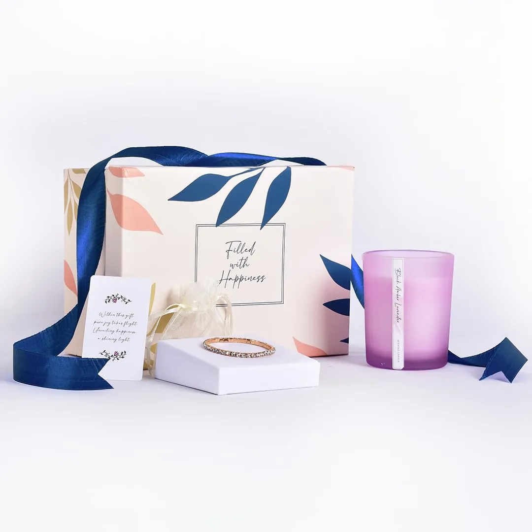 Gleevers Birthday Gift for Women|Gift Box of 2 with Candle(Black Amber Lavender,250gm) & Stone Studded Bracelet|Anniversary Gift for Wife, Mothers Day Gift for Mom, Birthday Gift for Mother