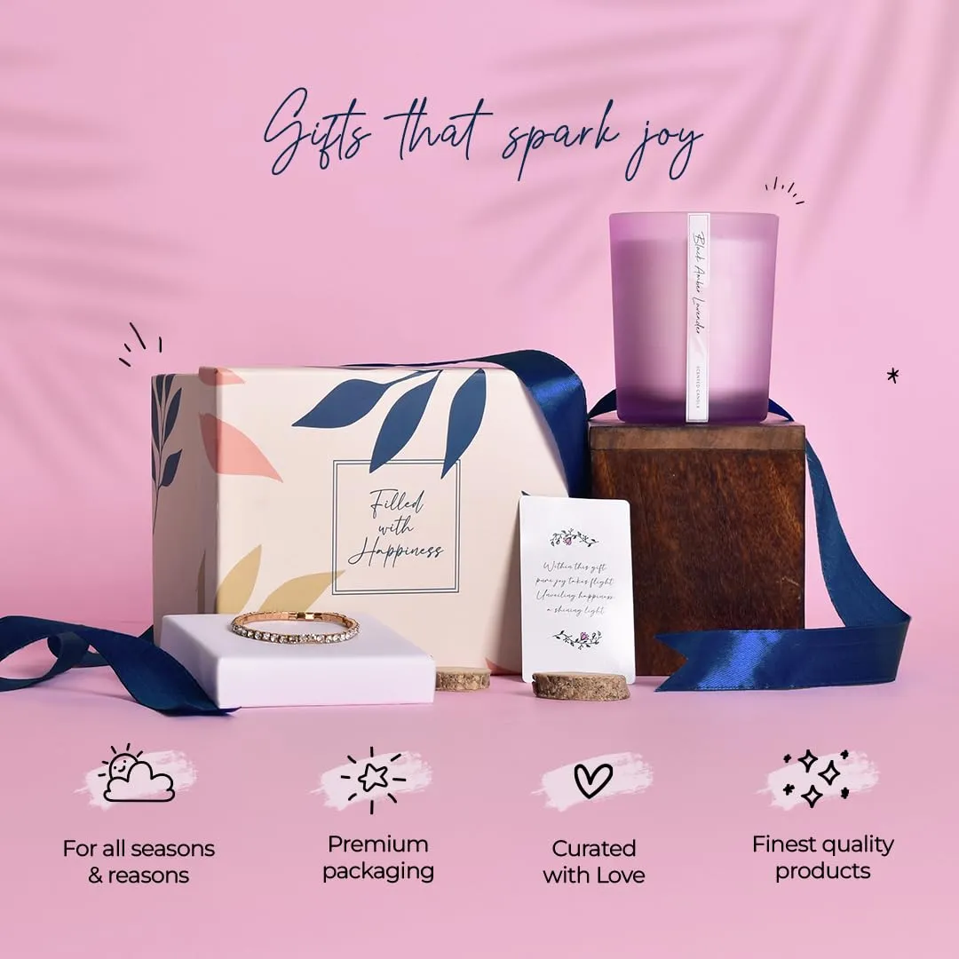 Gleevers Birthday Gift for Women|Gift Box of 2 with Candle(Black Amber Lavender,250gm) & Stone Studded Bracelet|Anniversary Gift for Wife, Mothers Day Gift for Mom, Birthday Gift for Mother