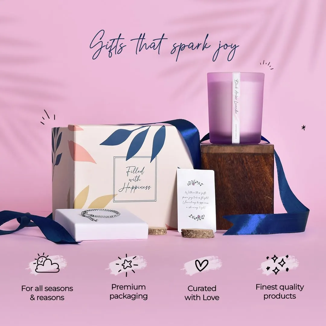 Gleevers Birthday Gift for Women|Gift Box Pack of 2 with Candle(Black Amber Lavender,250gm) & Tennis Bracelet|Anniversary Gift for Wife, Valentine Gift for Girlfriend, Birthday Gift for Mother