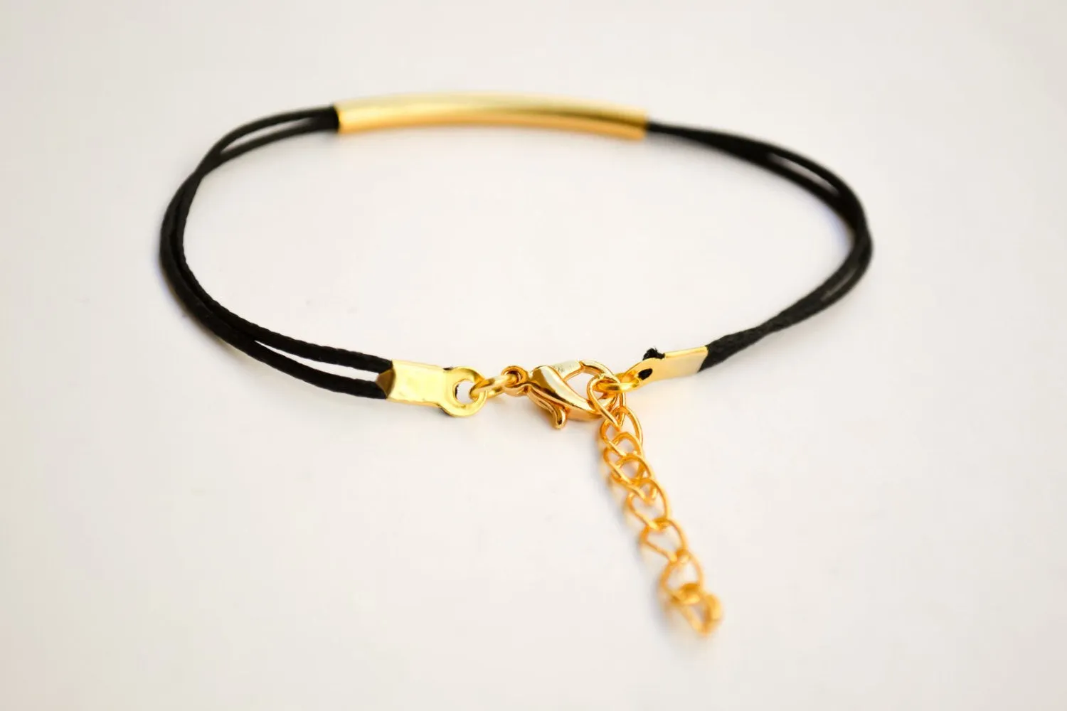 Gold bar bracelet, black string, gift for her, handmade customized jewelry