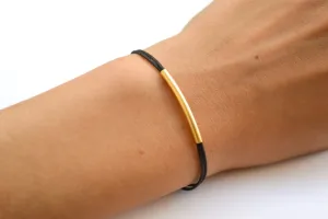 Gold bar bracelet, black string, gift for her, handmade customized jewelry