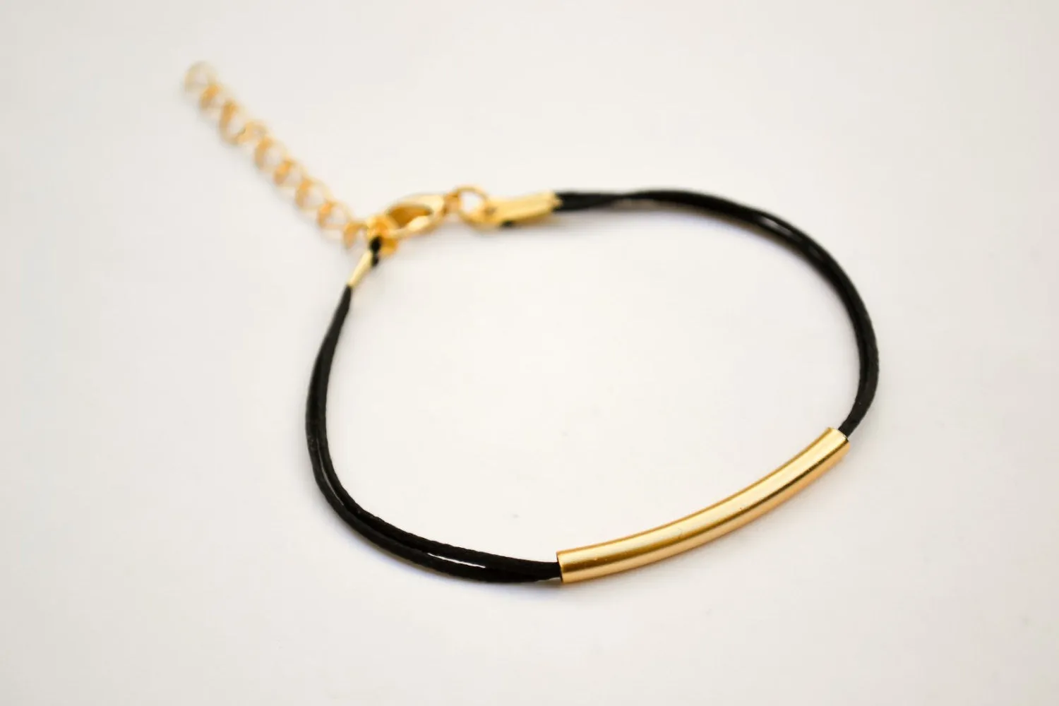 Gold bar bracelet, black string, gift for her, handmade customized jewelry
