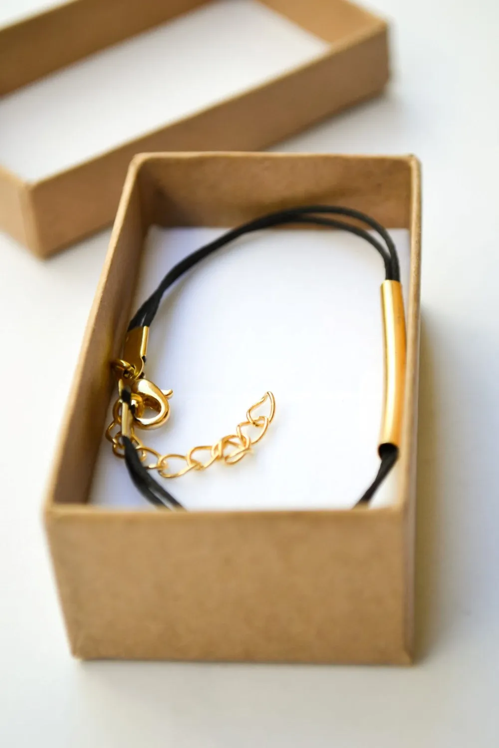 Gold bar bracelet, black string, gift for her, handmade customized jewelry