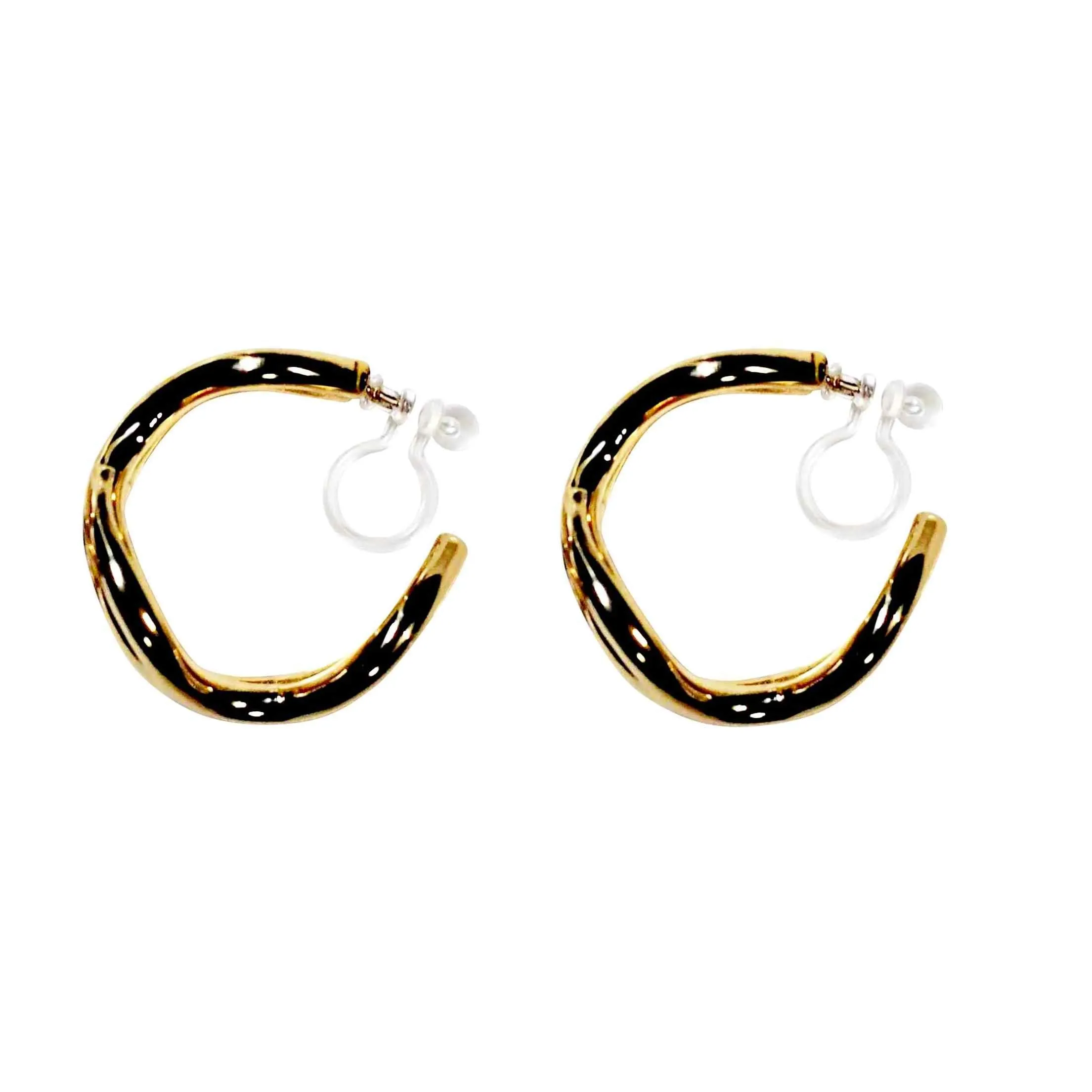 Gold Double Waved Invisible Clip On Hoop Earrings