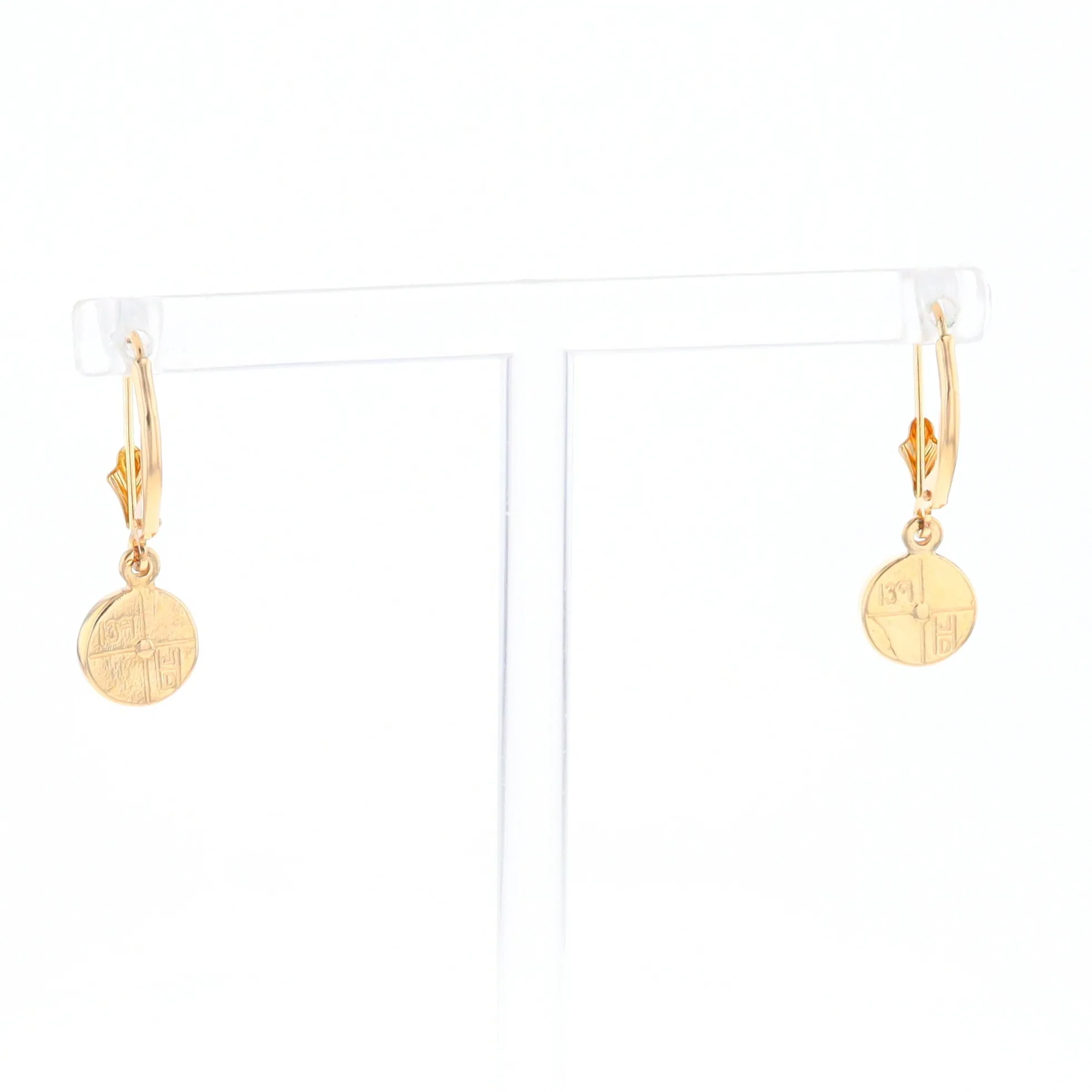 Gold Quartz Earrings Round Inlaid Design Lever Backs