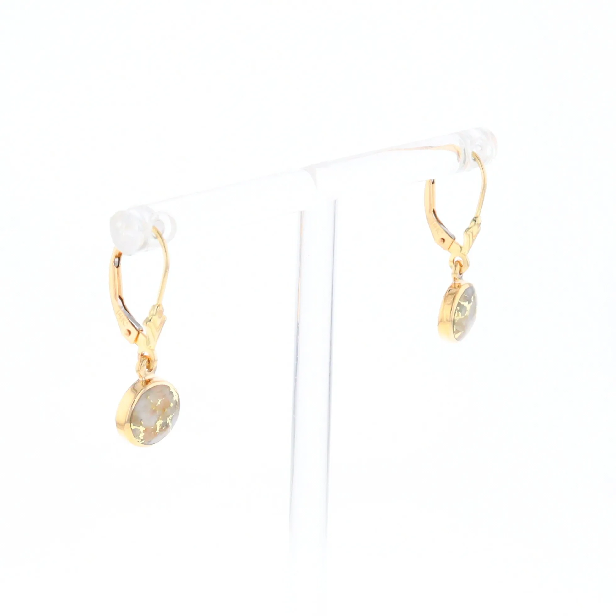 Gold Quartz Earrings Round Inlaid Design Lever Backs