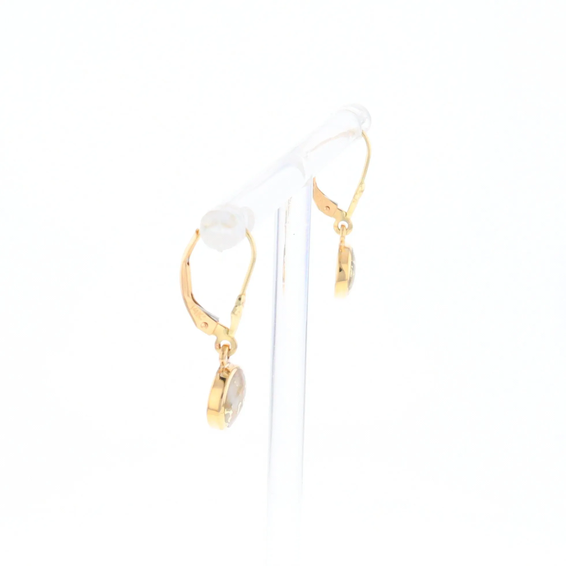 Gold Quartz Earrings Round Inlaid Design Lever Backs