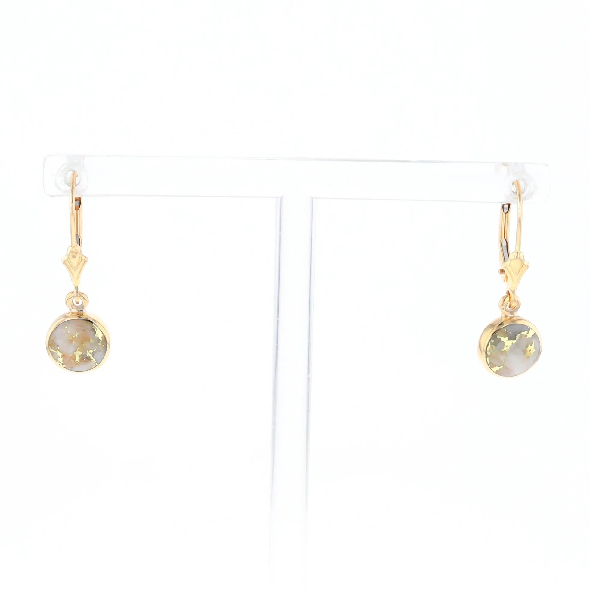 Gold Quartz Earrings Round Inlaid Design Lever Backs