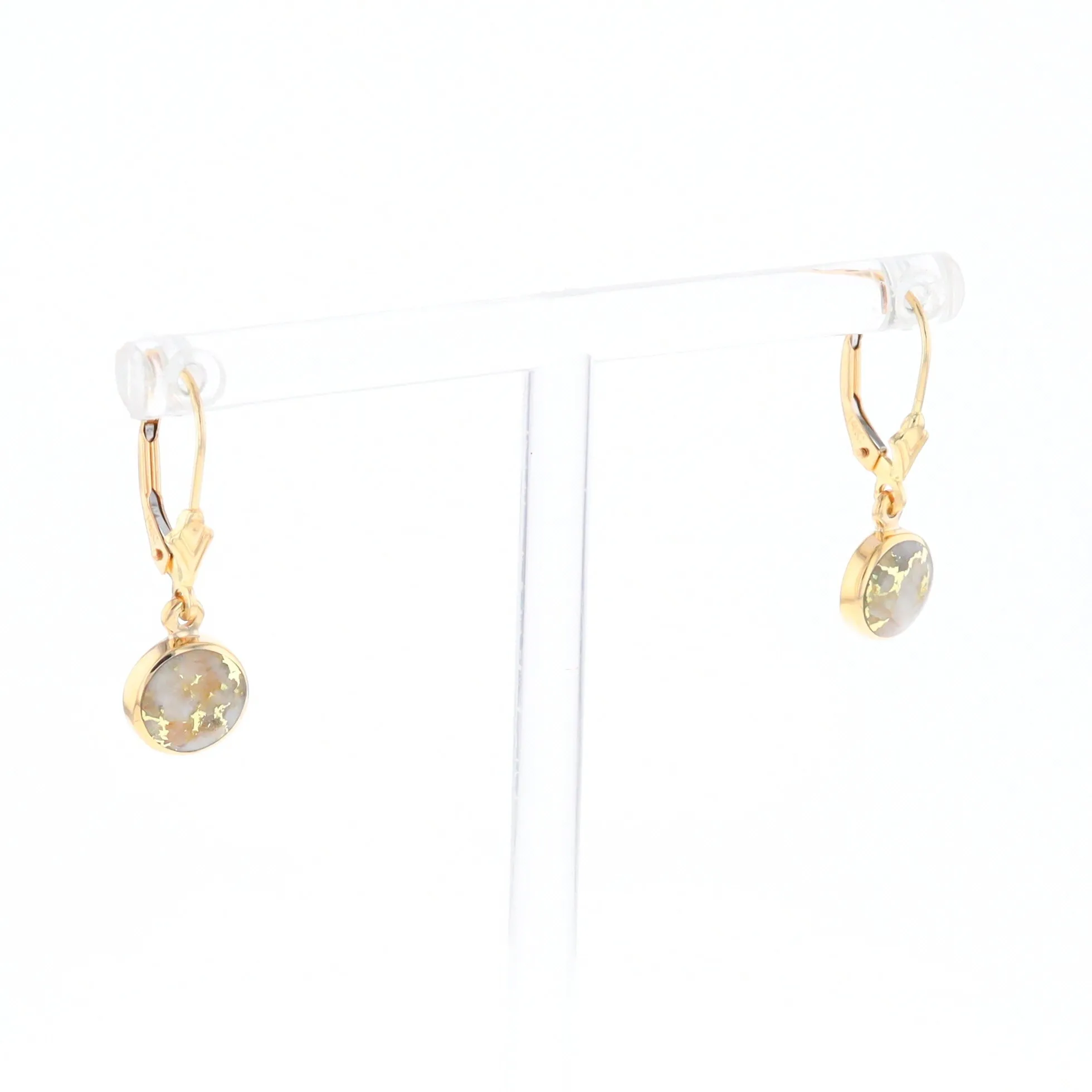 Gold Quartz Earrings Round Inlaid Design Lever Backs