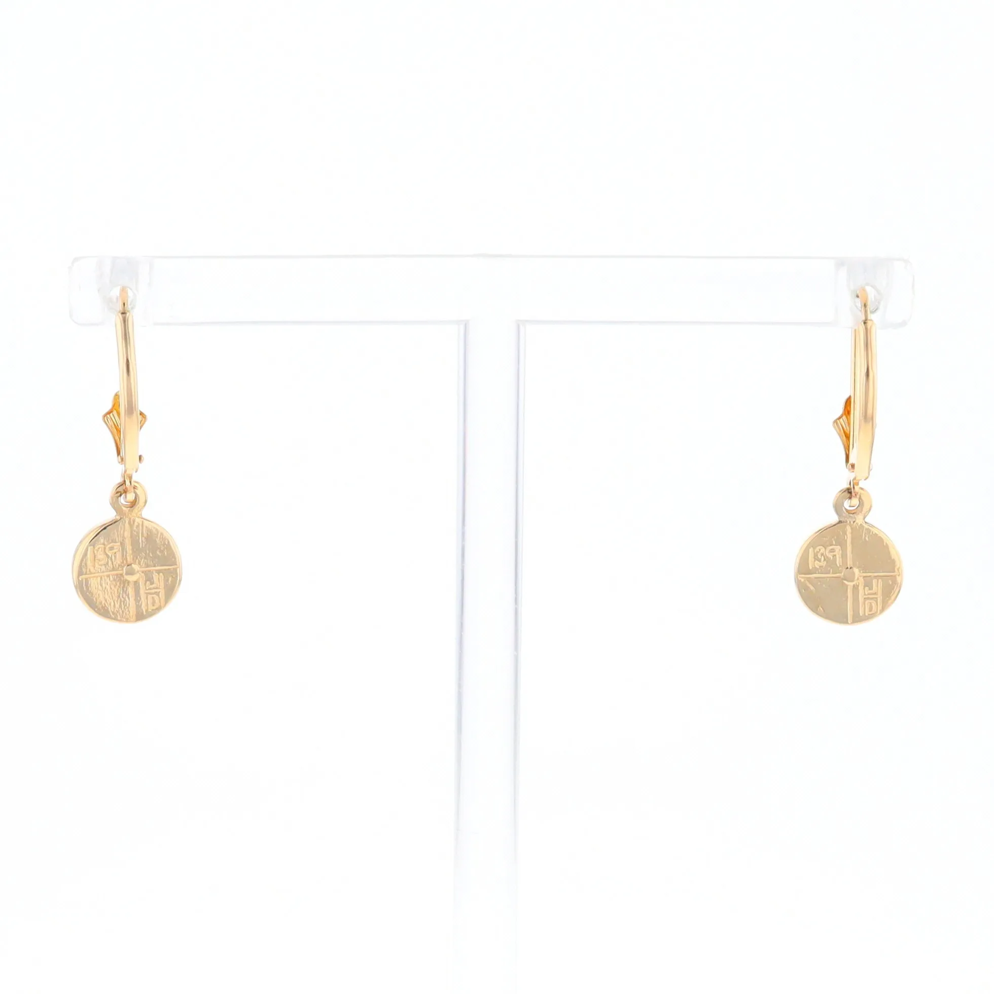 Gold Quartz Earrings Round Inlaid Design Lever Backs