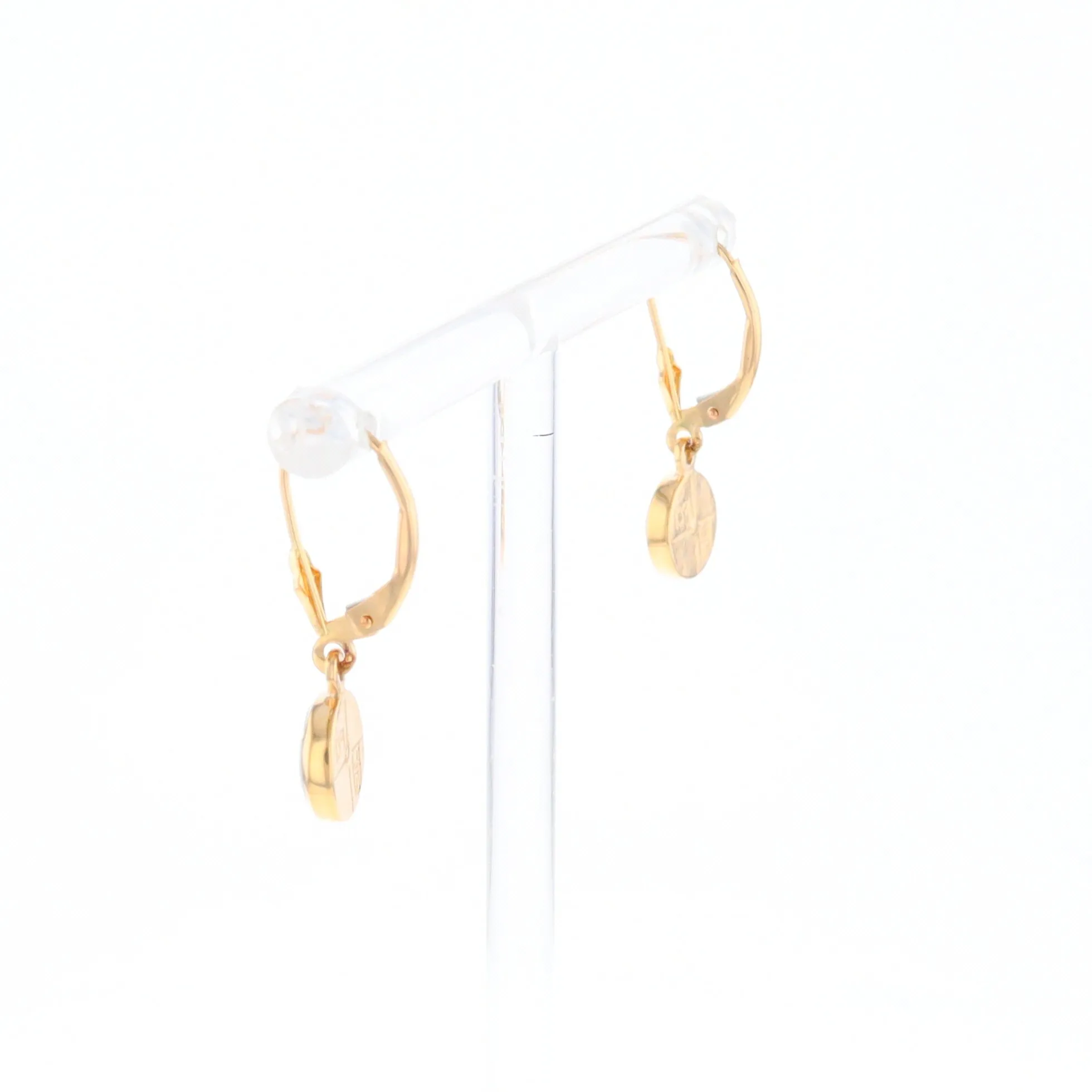 Gold Quartz Earrings Round Inlaid Design Lever Backs