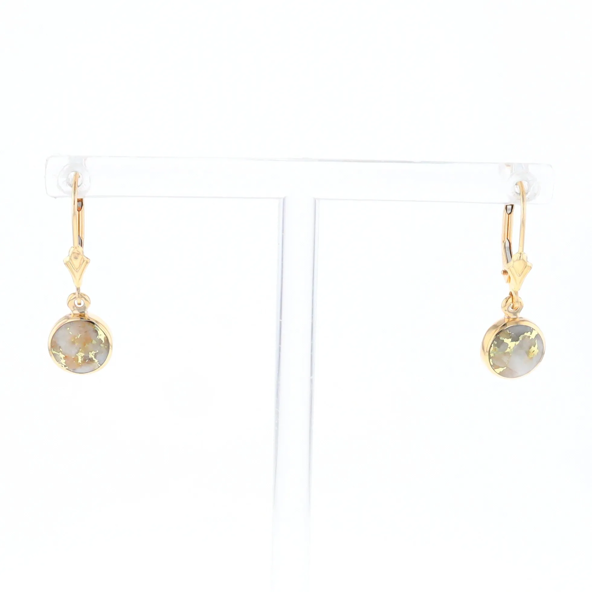 Gold Quartz Earrings Round Inlaid Design Lever Backs