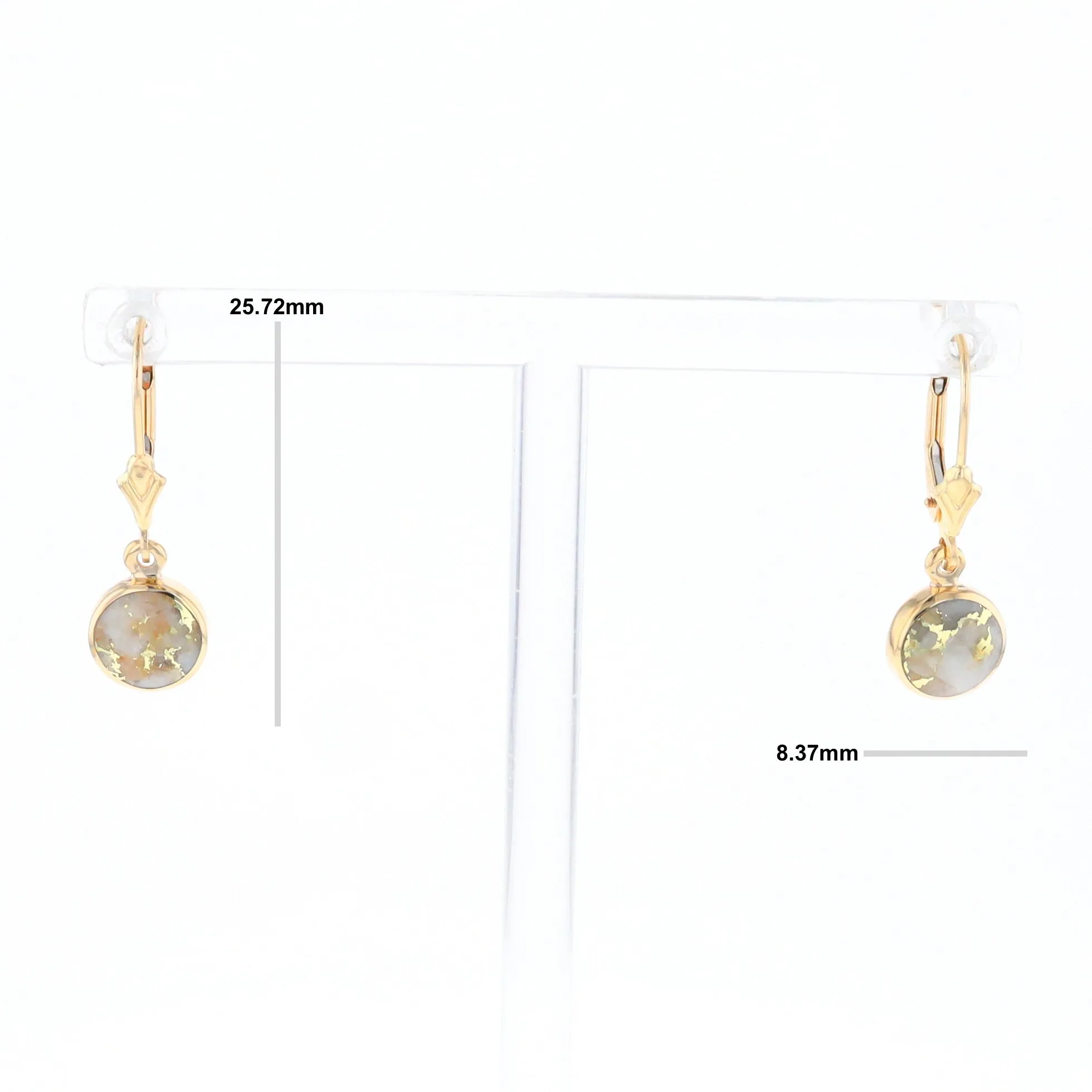 Gold Quartz Earrings Round Inlaid Design Lever Backs