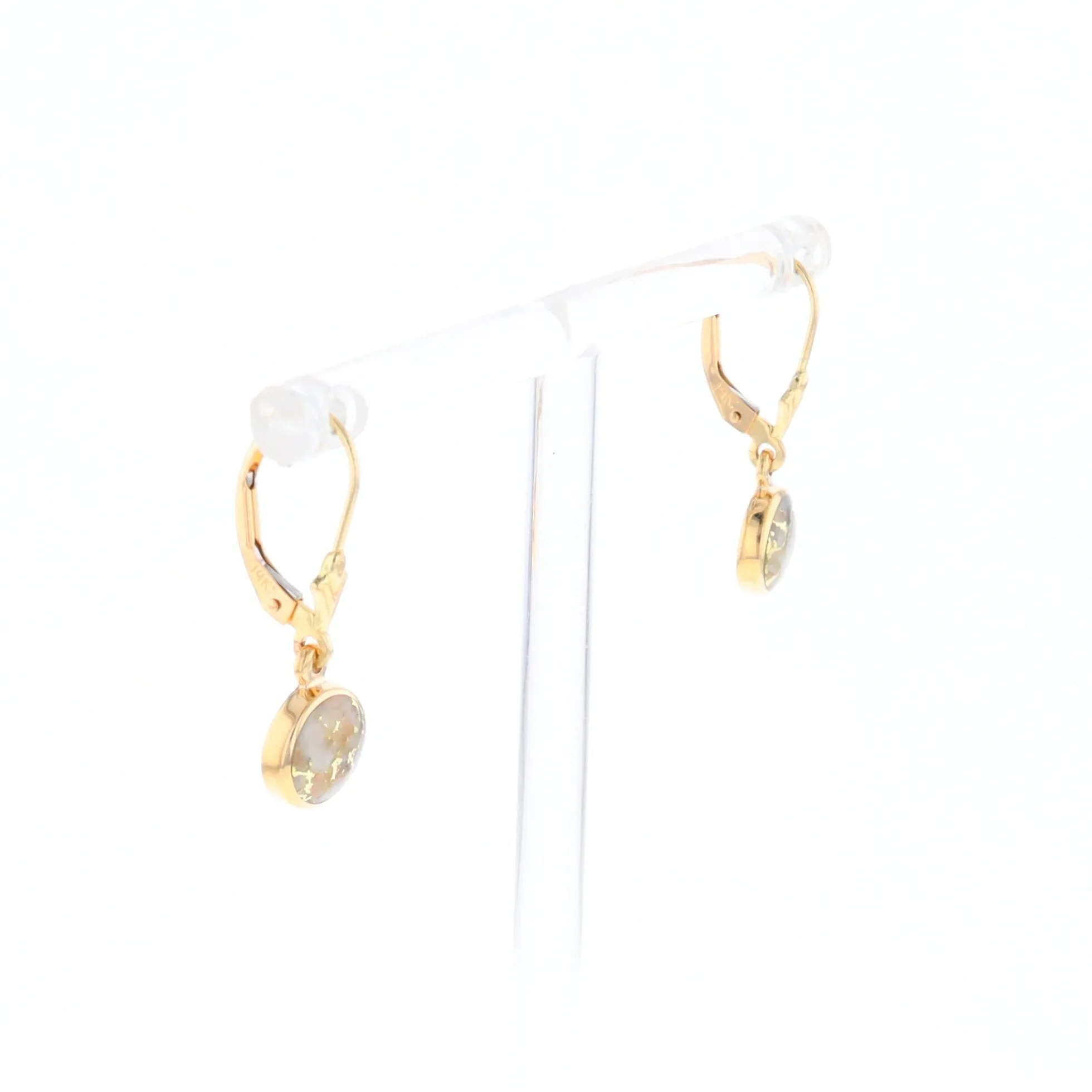 Gold Quartz Earrings Round Inlaid Design Lever Backs