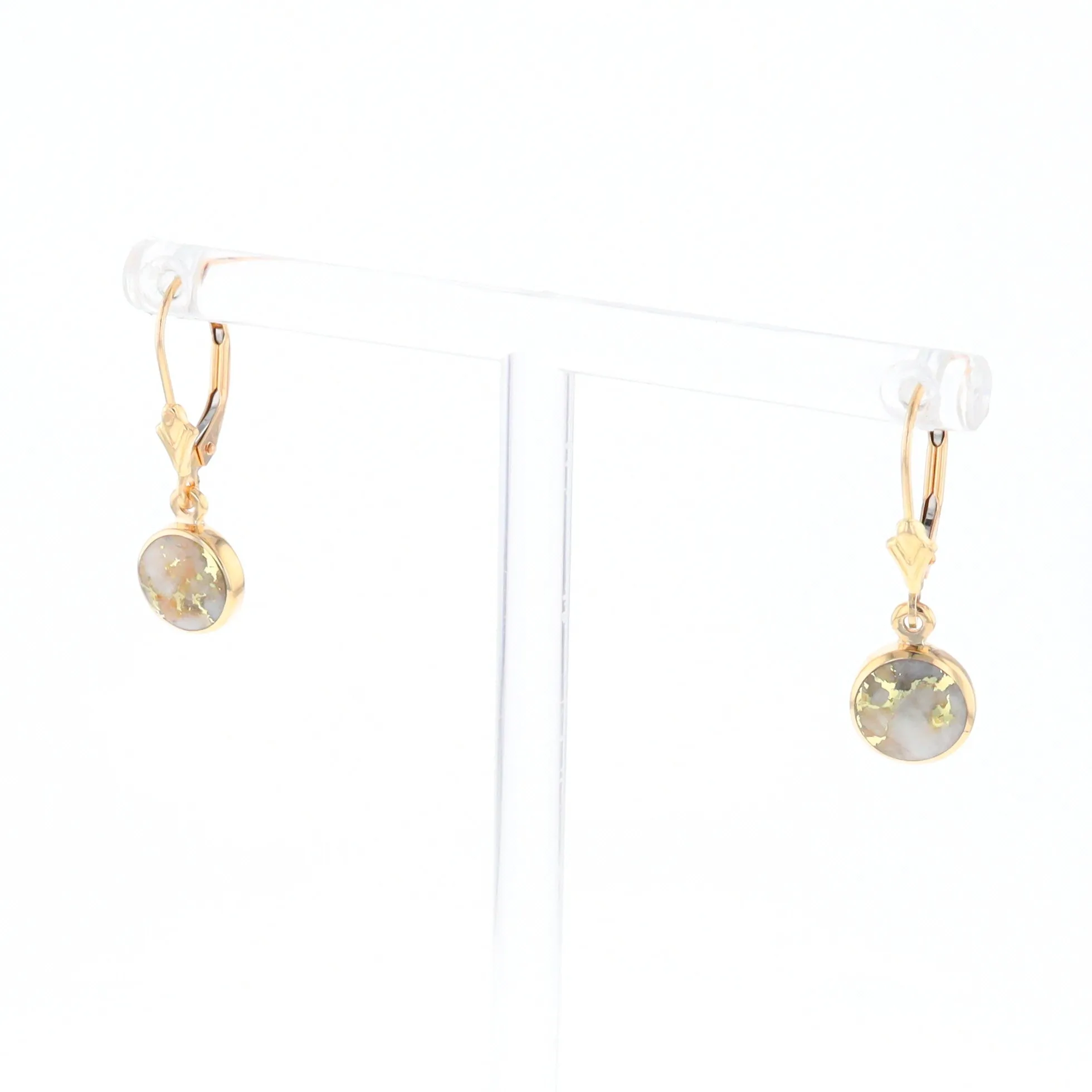 Gold Quartz Earrings Round Inlaid Design Lever Backs