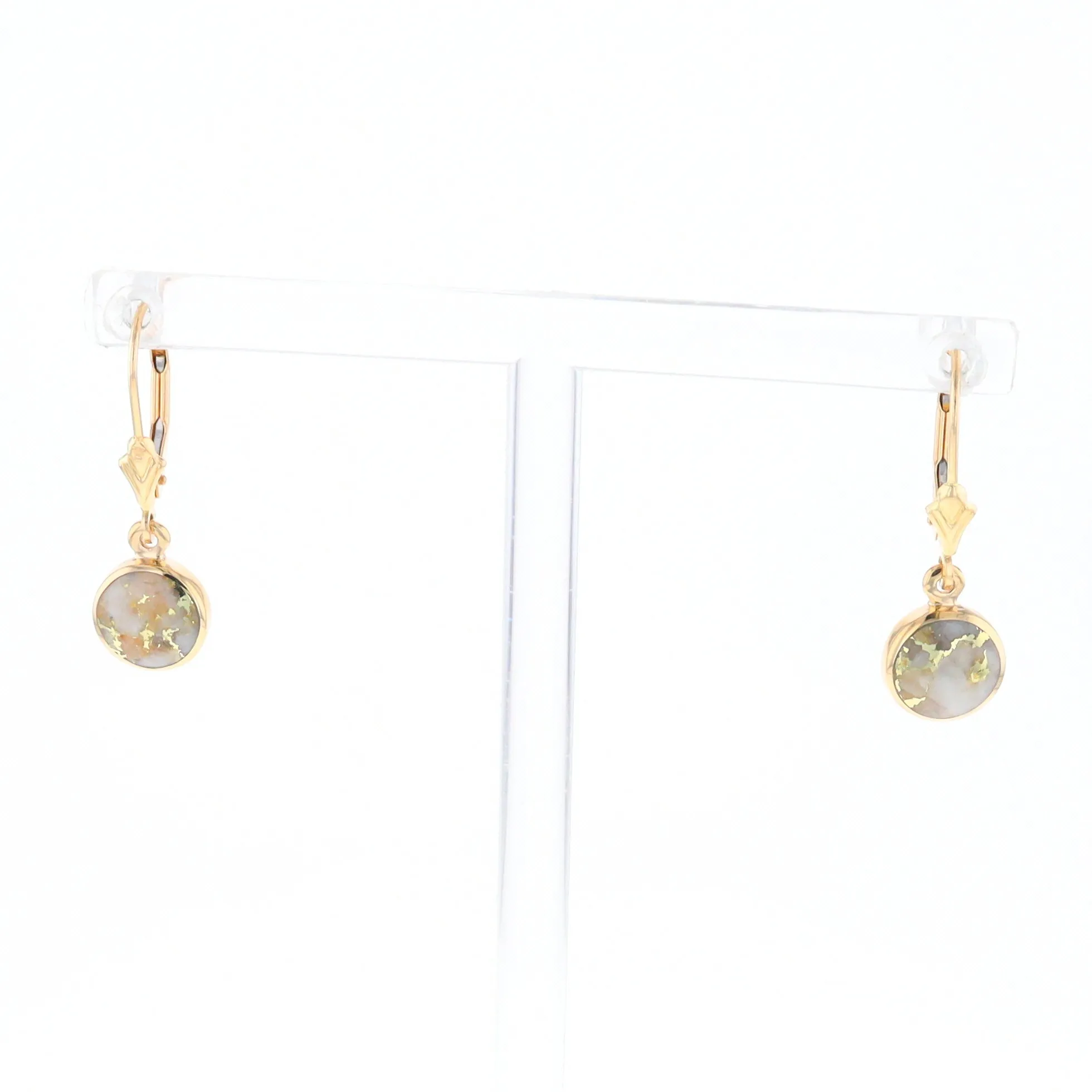 Gold Quartz Earrings Round Inlaid Design Lever Backs