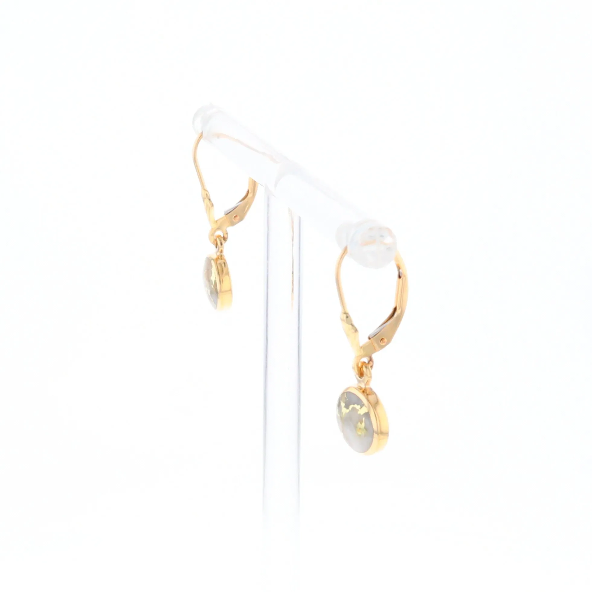 Gold Quartz Earrings Round Inlaid Design Lever Backs