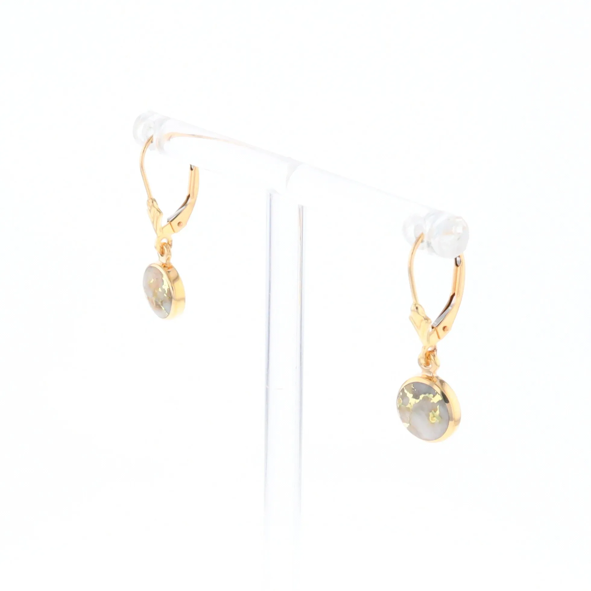 Gold Quartz Earrings Round Inlaid Design Lever Backs