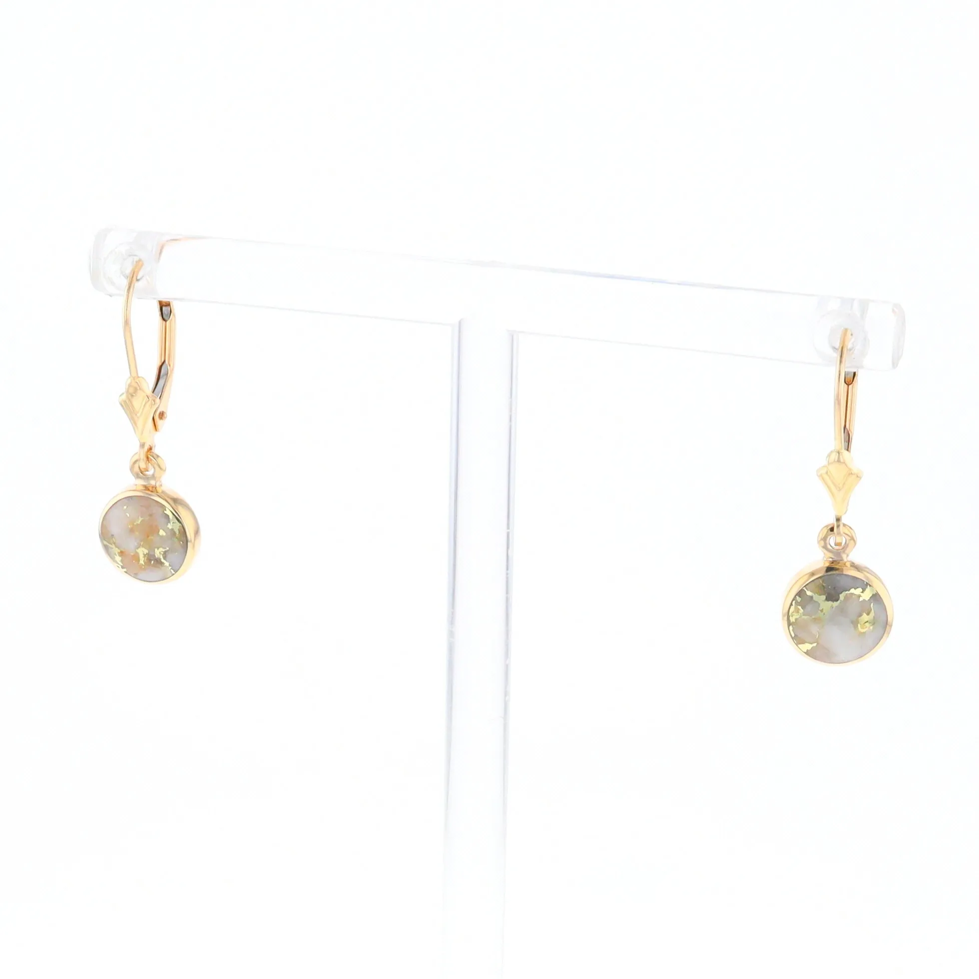 Gold Quartz Earrings Round Inlaid Design Lever Backs