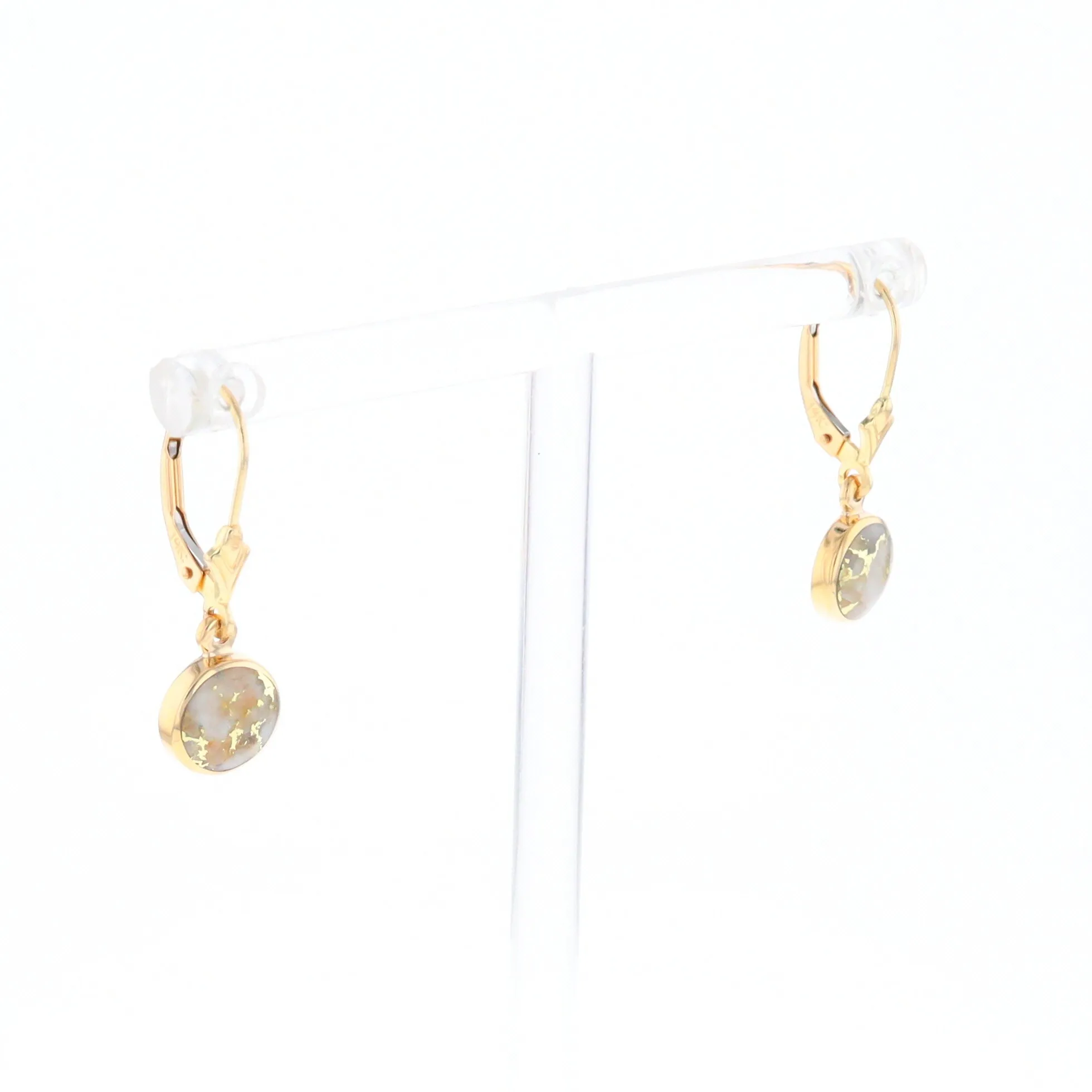 Gold Quartz Earrings Round Inlaid Design Lever Backs