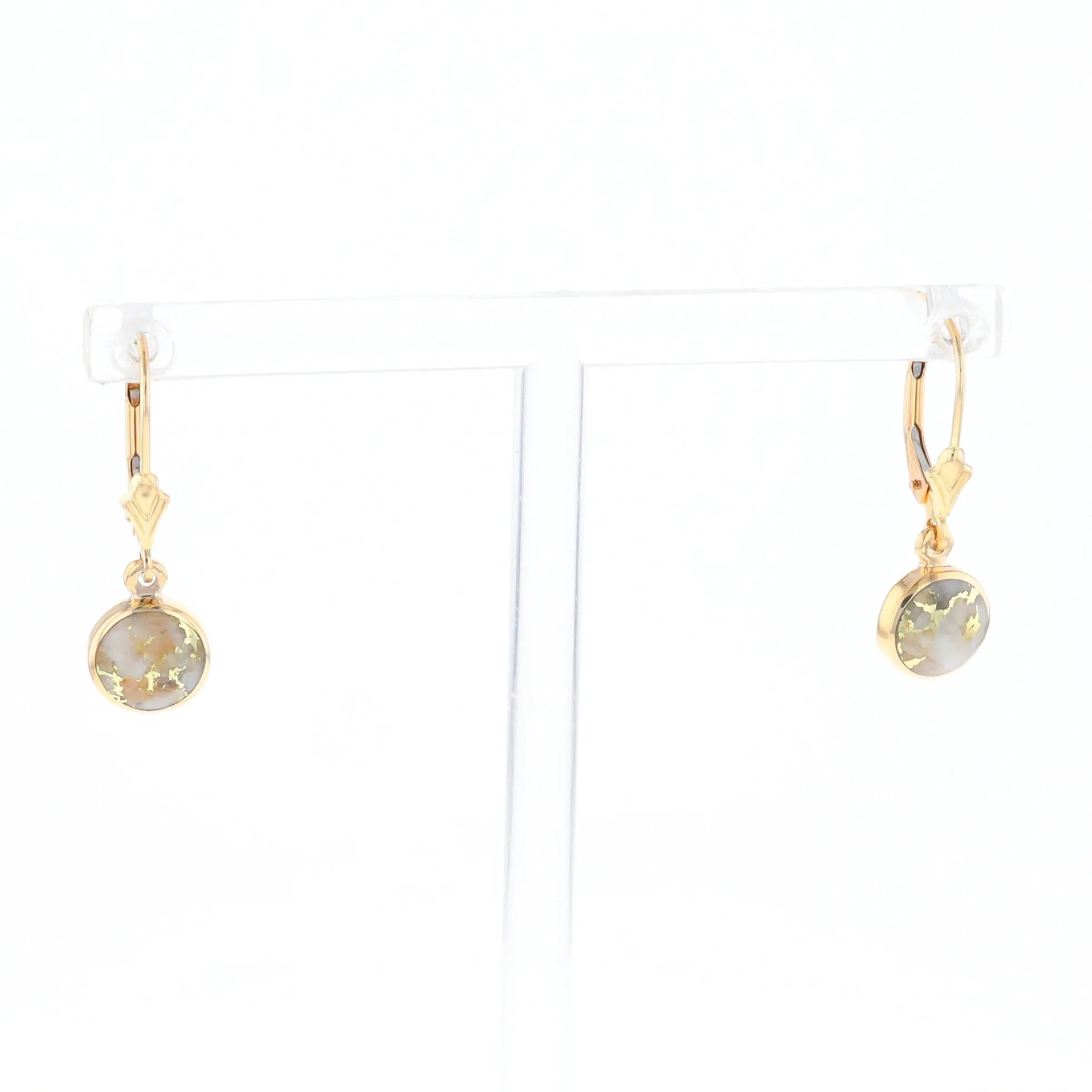 Gold Quartz Earrings Round Inlaid Design Lever Backs