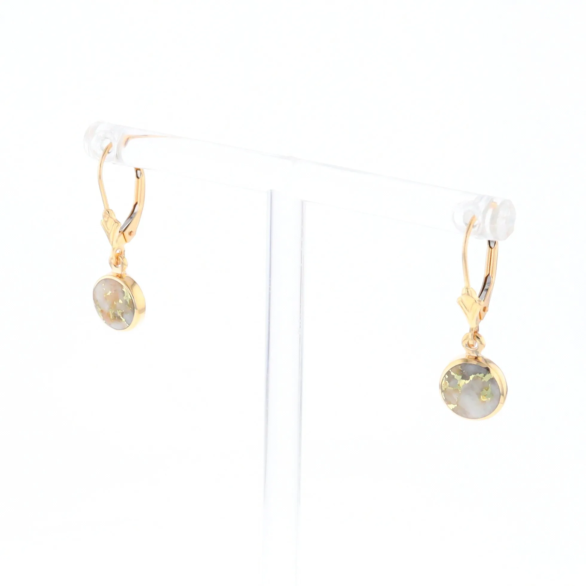 Gold Quartz Earrings Round Inlaid Design Lever Backs