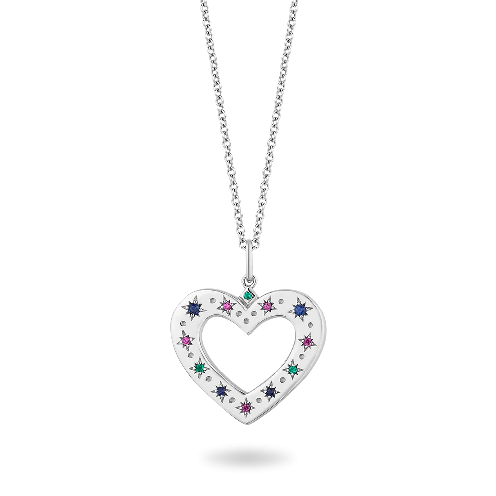 Hallmark Fine Jewelry Rainbow Gemstone Heart Pendant in Sterling Silver with Created Ruby, Sapphire, & Emerald
