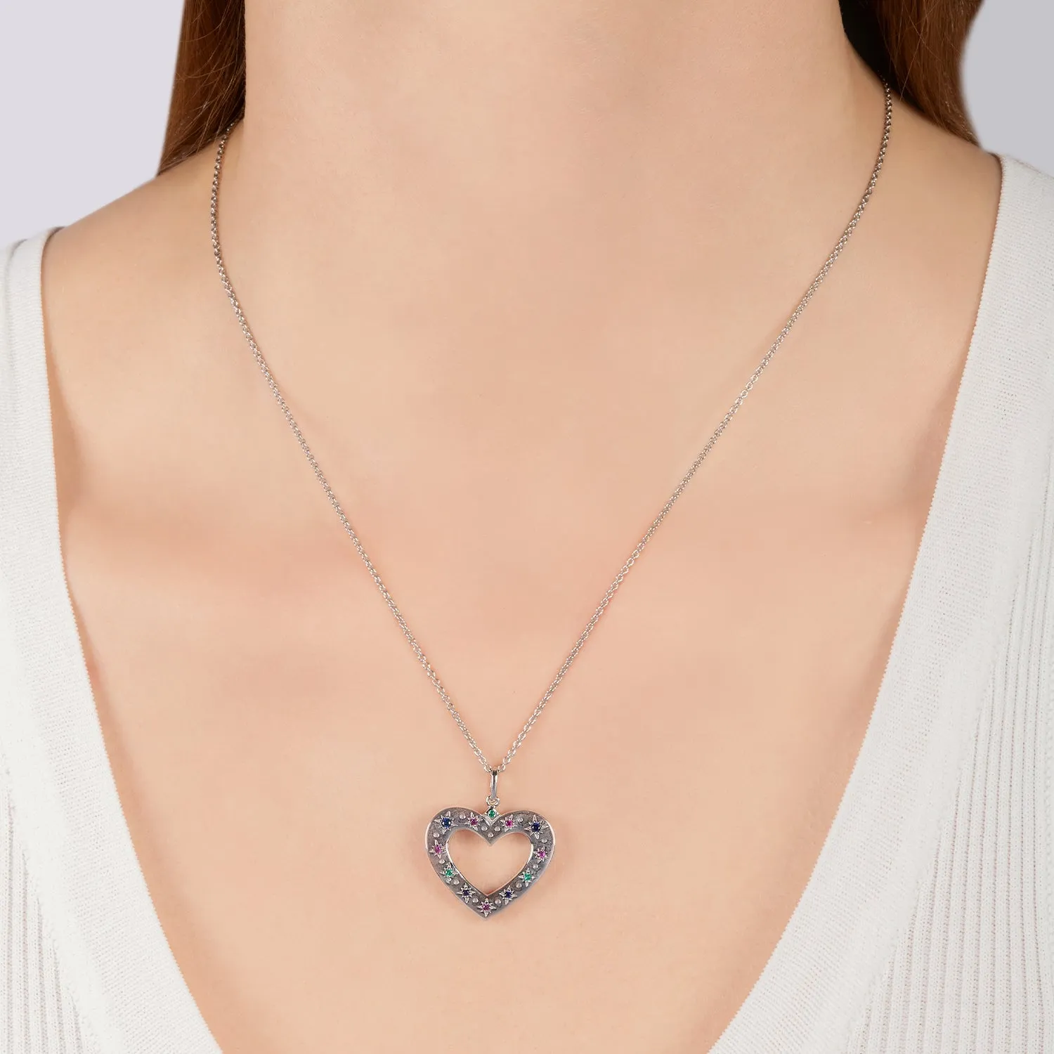 Hallmark Fine Jewelry Rainbow Gemstone Heart Pendant in Sterling Silver with Created Ruby, Sapphire, & Emerald