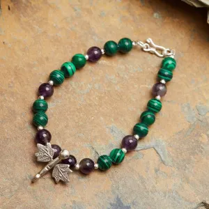Hand Made Tibetan Dragonfly Mala With Malachite and Amethyst Beads Bracelet