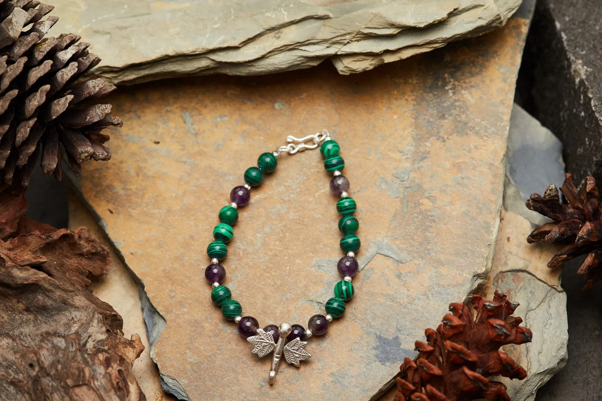 Hand Made Tibetan Dragonfly Mala With Malachite and Amethyst Beads Bracelet