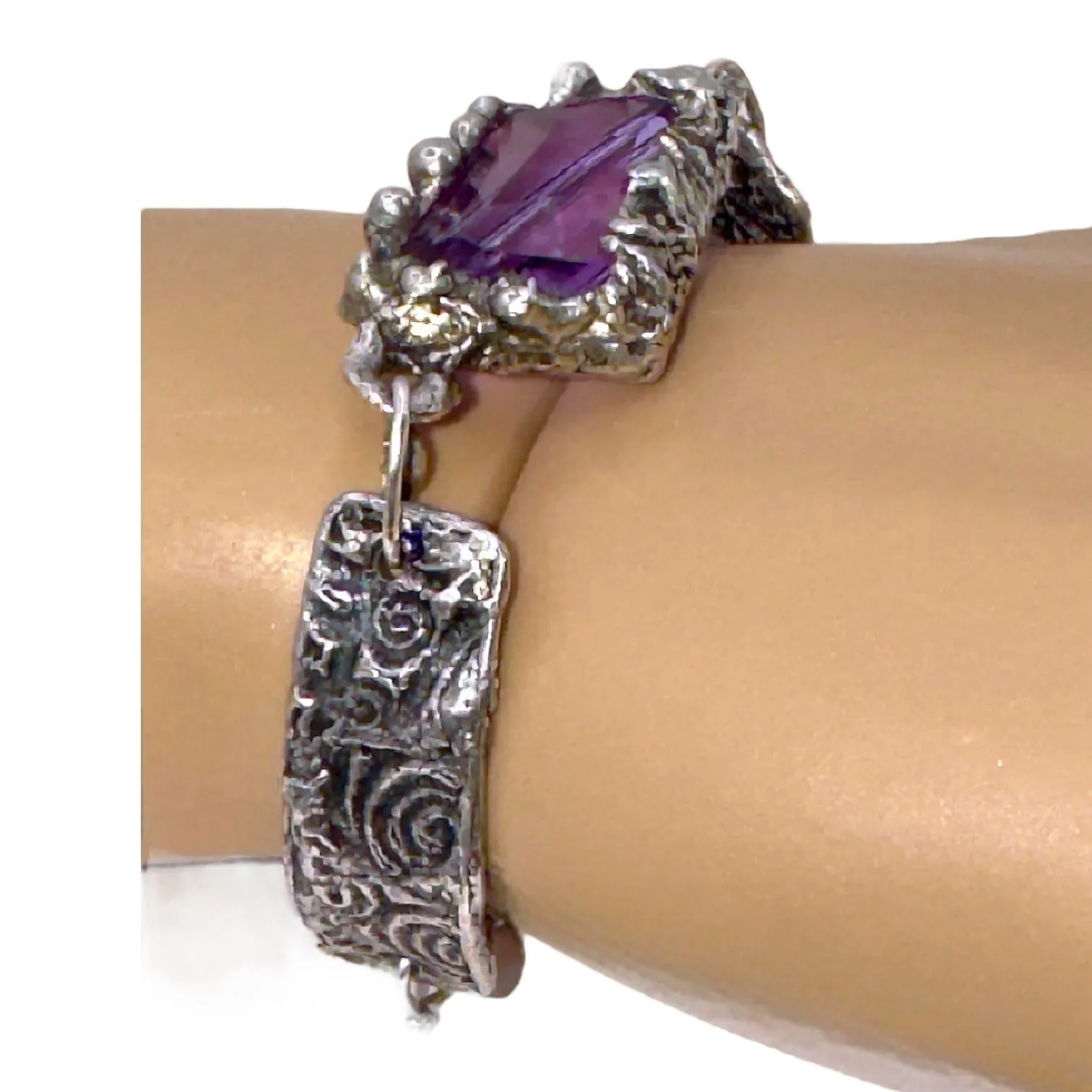 Handmade Boho Chunky Amethyst Crystal Bracelet With Intricate Silver Metal Work