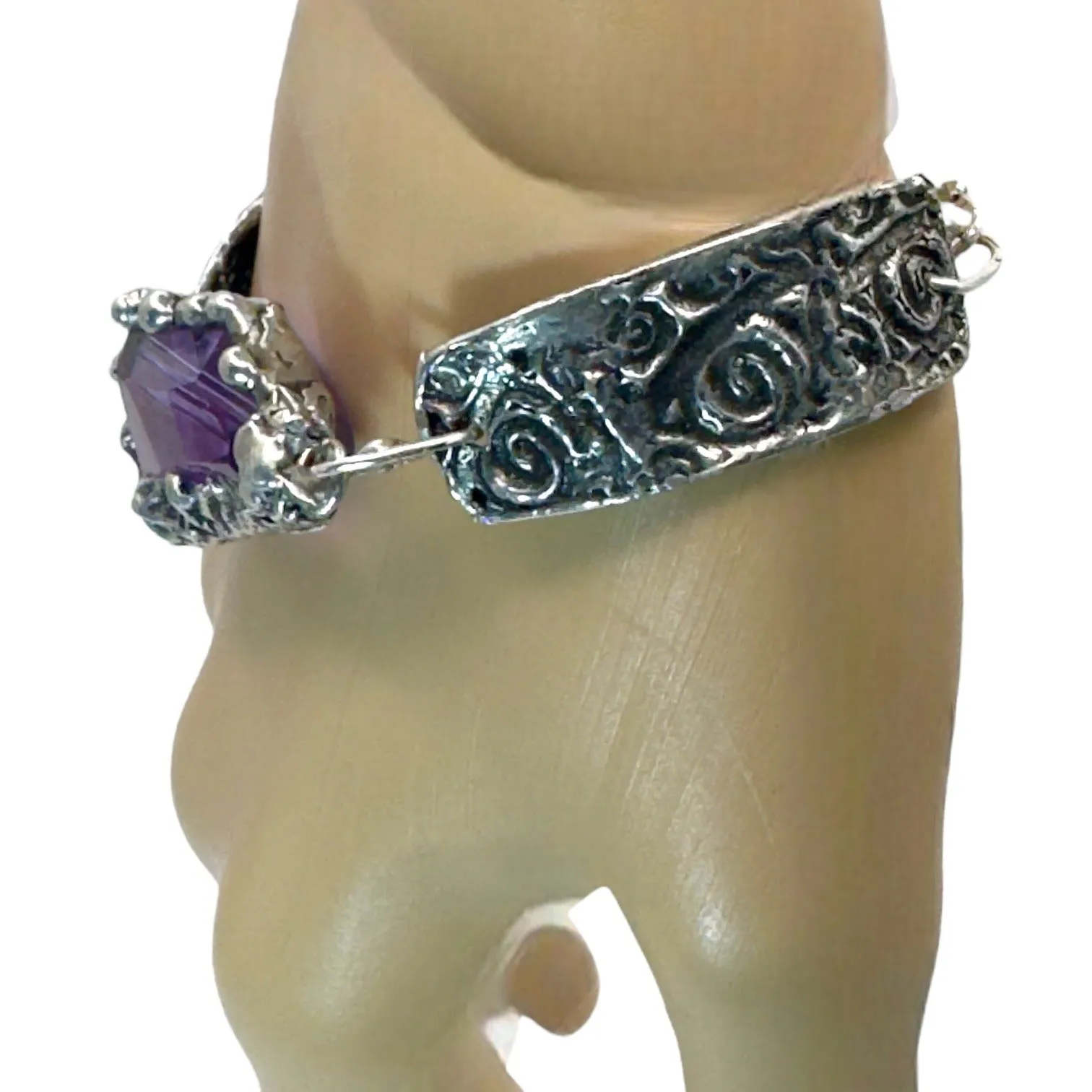 Handmade Boho Chunky Amethyst Crystal Bracelet With Intricate Silver Metal Work