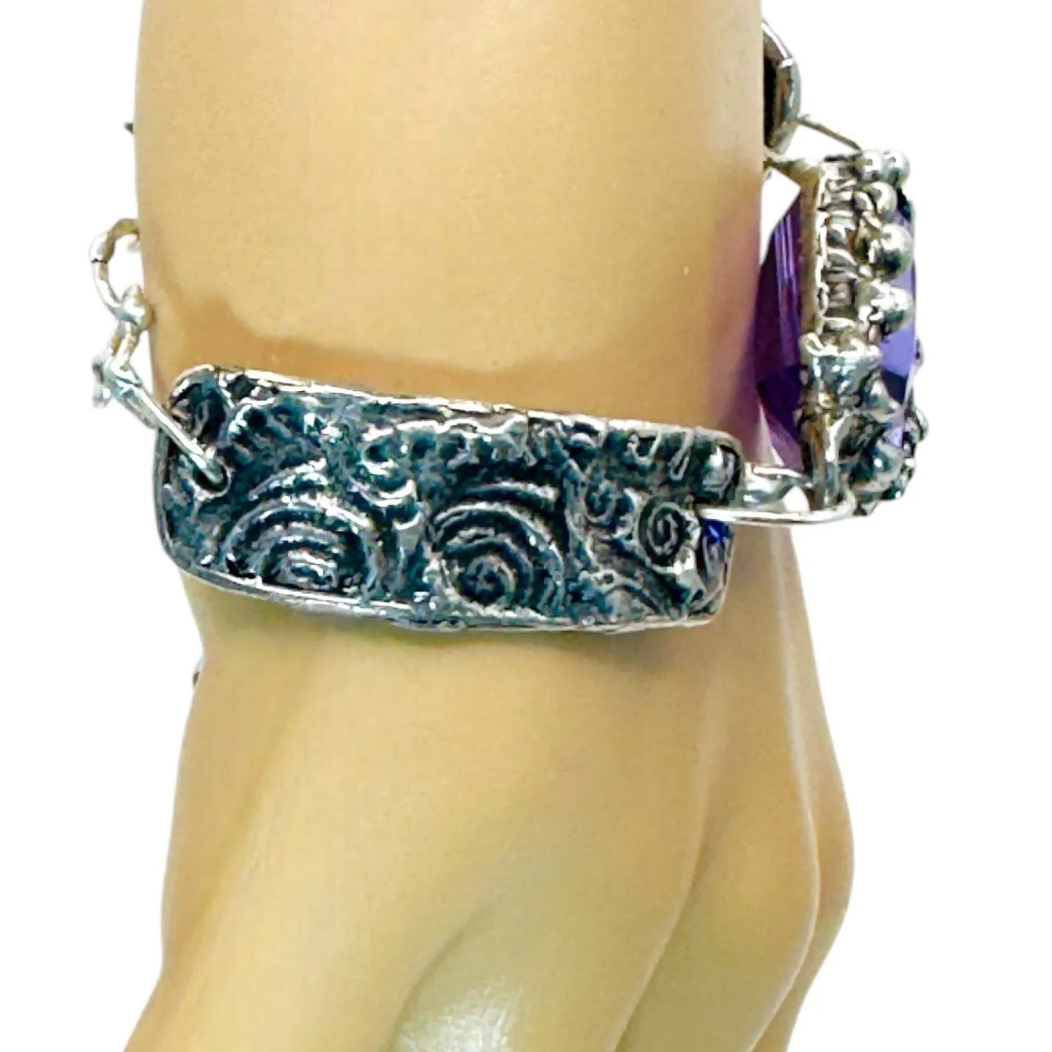 Handmade Boho Chunky Amethyst Crystal Bracelet With Intricate Silver Metal Work