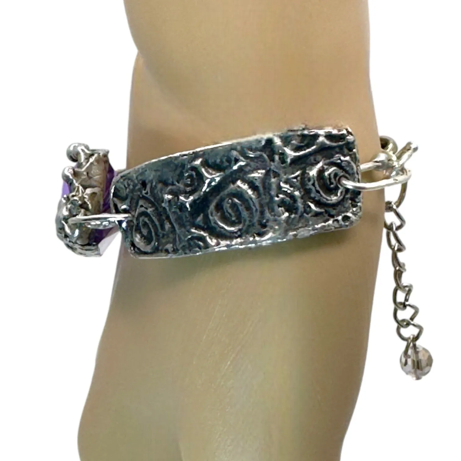 Handmade Boho Chunky Amethyst Crystal Bracelet With Intricate Silver Metal Work