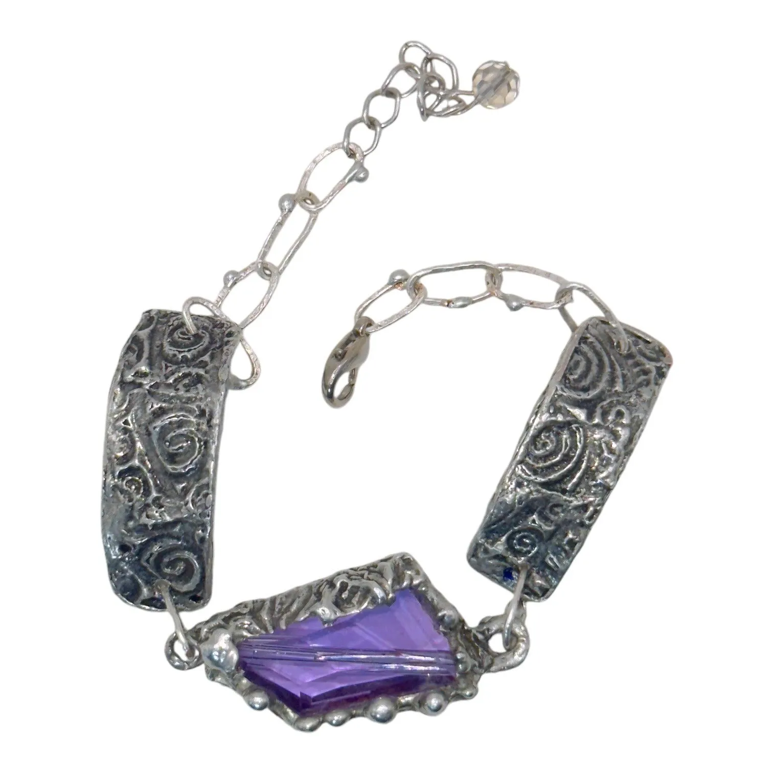 Handmade Boho Chunky Amethyst Crystal Bracelet With Intricate Silver Metal Work