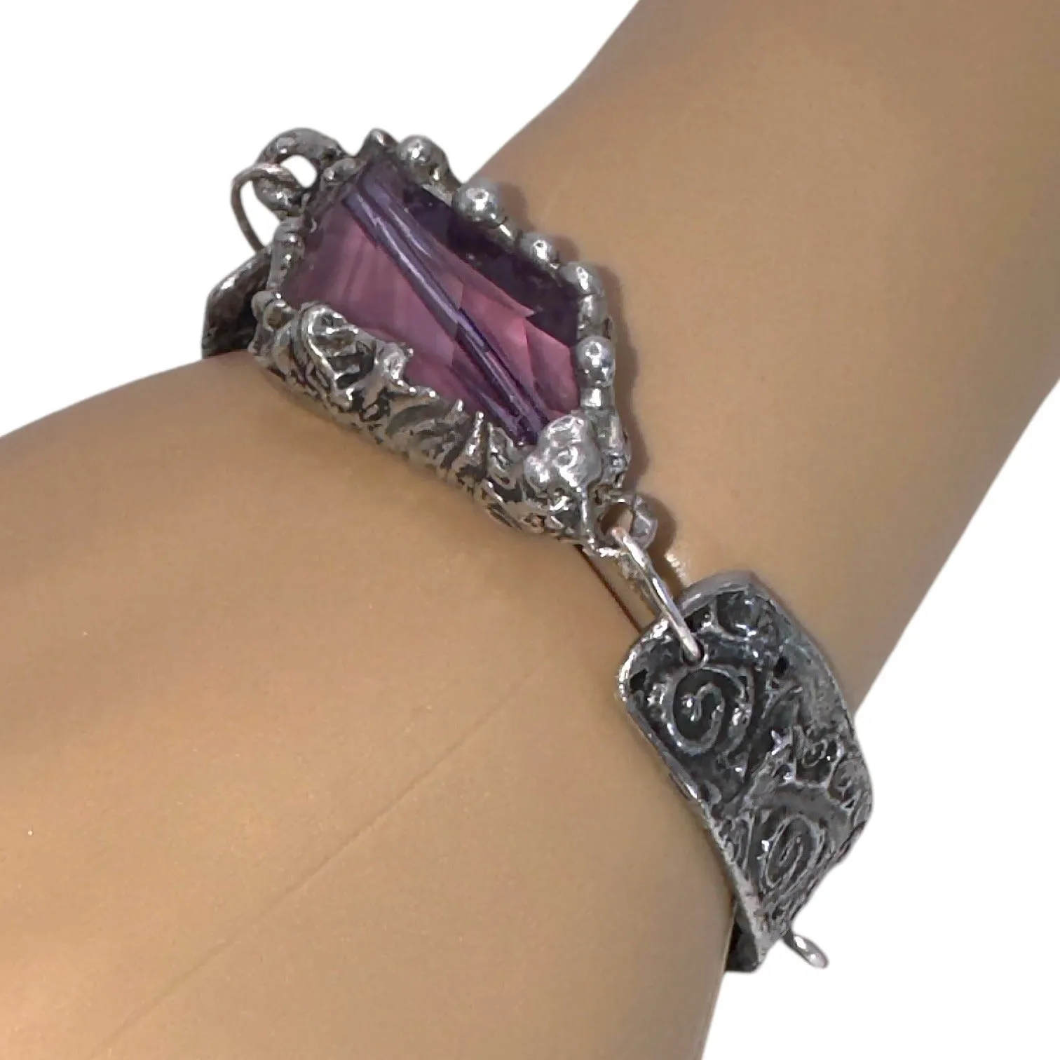 Handmade Boho Chunky Amethyst Crystal Bracelet With Intricate Silver Metal Work