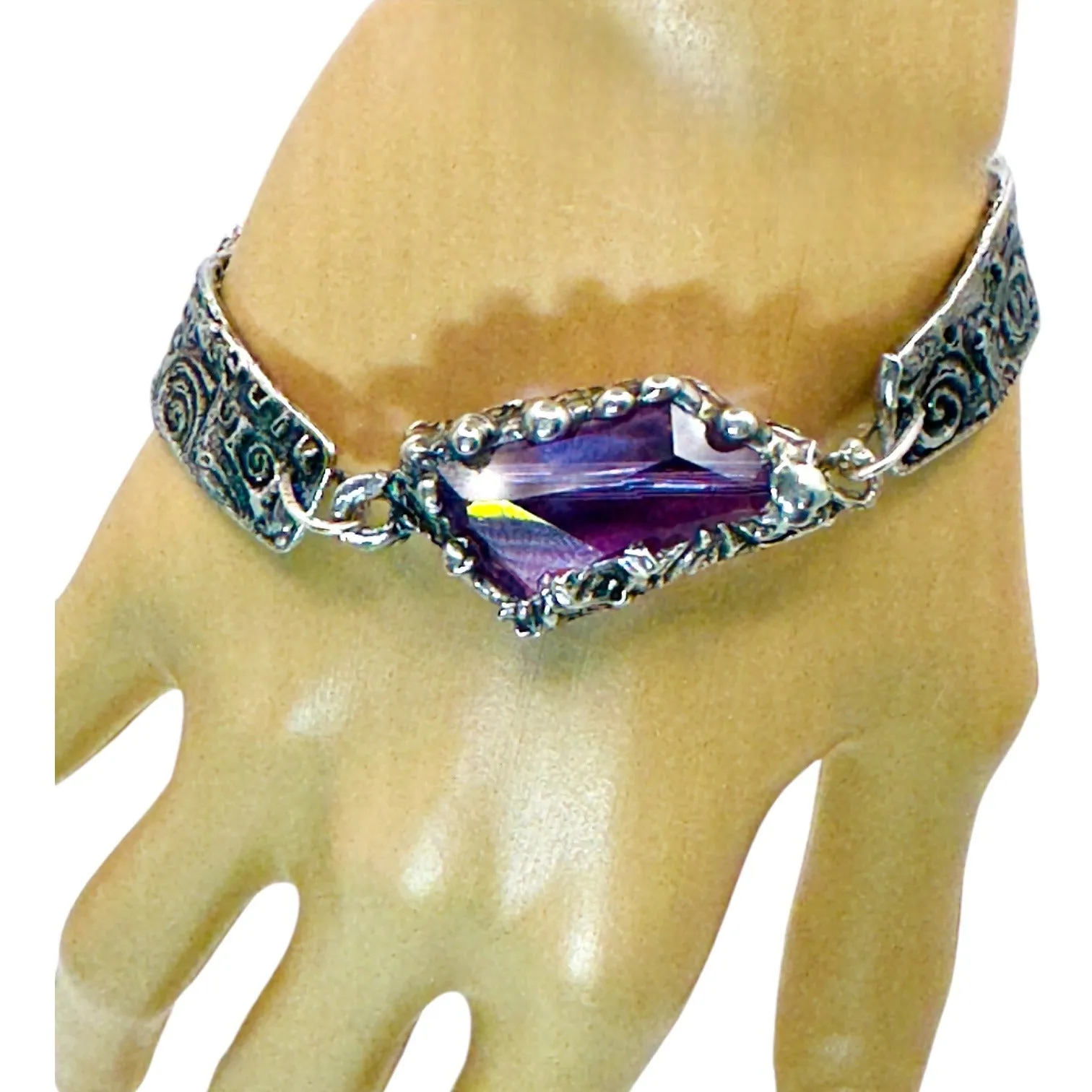 Handmade Boho Chunky Amethyst Crystal Bracelet With Intricate Silver Metal Work