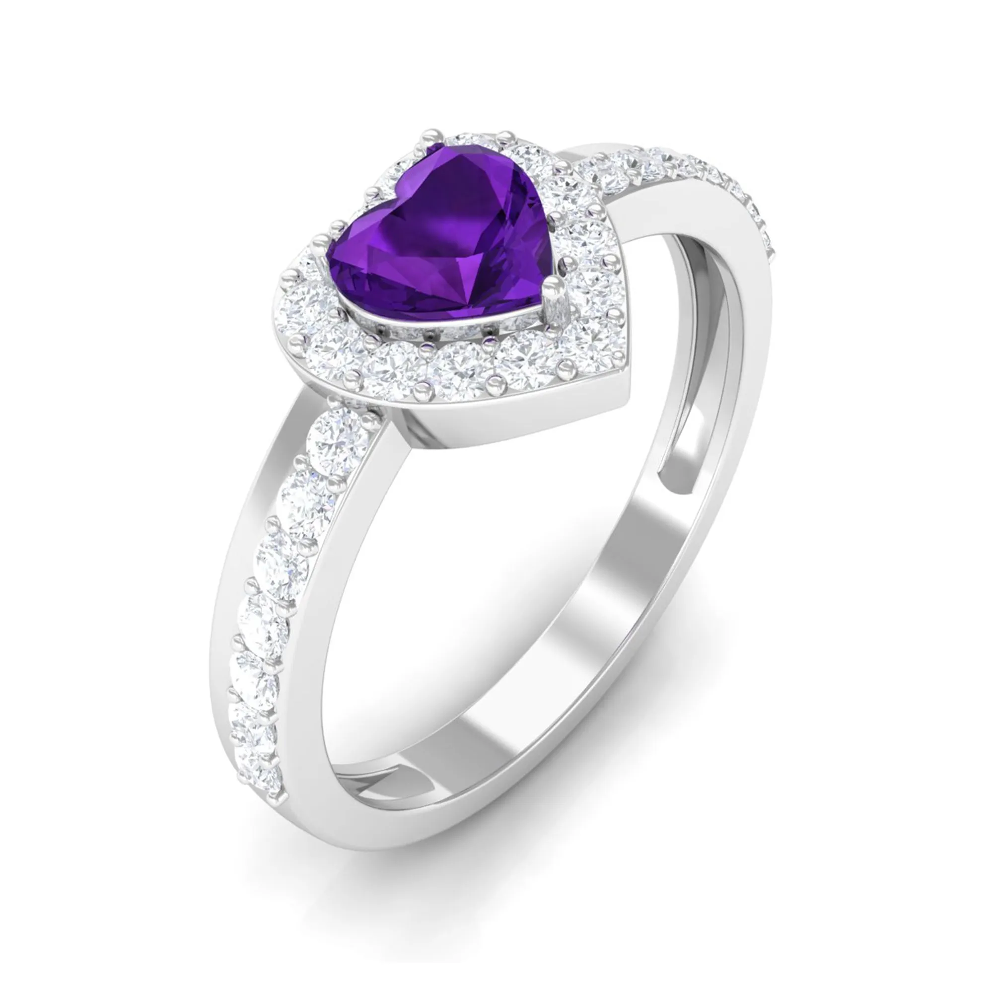 Heart Shape Amethyst and Diamond Halo Engagement Ring